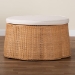 bali & pari Palm Scallop Natural Rattan Ottoman with Cushion - Handwoven Wicker Accent Stool or Footrest for Living Room, Bedroom, or Sunroom, Coastal Boho Style, 32" Round - BSOPalm-Light Honey Rattan-90cm Round Ottoman w/Cushion