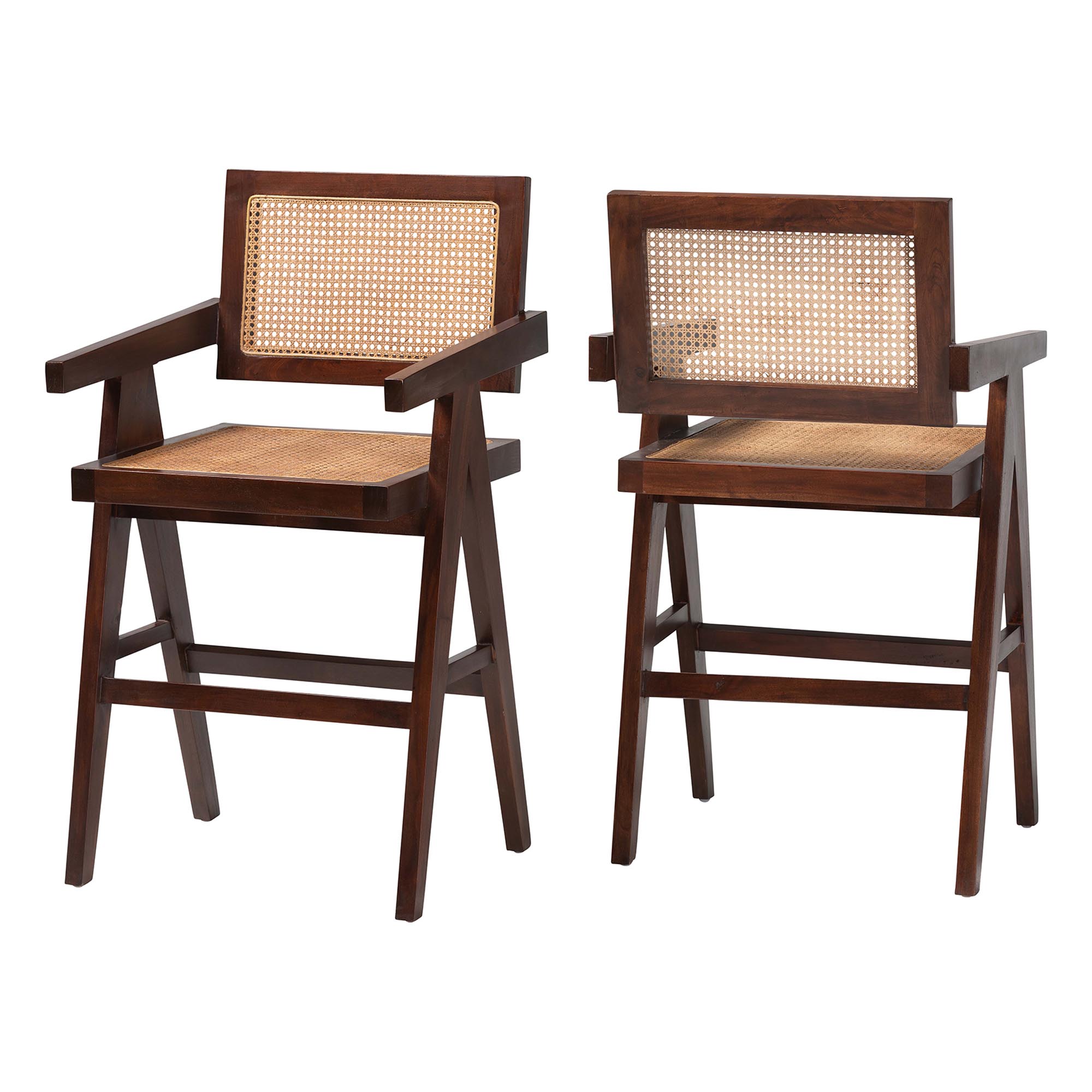 bali & pari Kresna Rattan Counter Stool with Mahogany Wood Frame and Armrest, Set of 2 - Handwoven Counter Height Chair with Cane Back and Seat, Stylish Seating for Kitchen Island or Dining Area