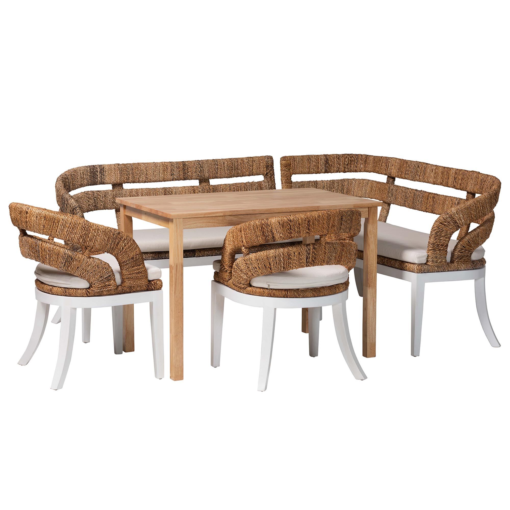 bali & pari Ubud Seagrass Dining Nook Set with Wood Table, Cushioned L-Shaped Bench and Chairs - Coastal Farmhouse Breakfast Corner Furniture Set for Kitchen or Dining Room, 5-Piece