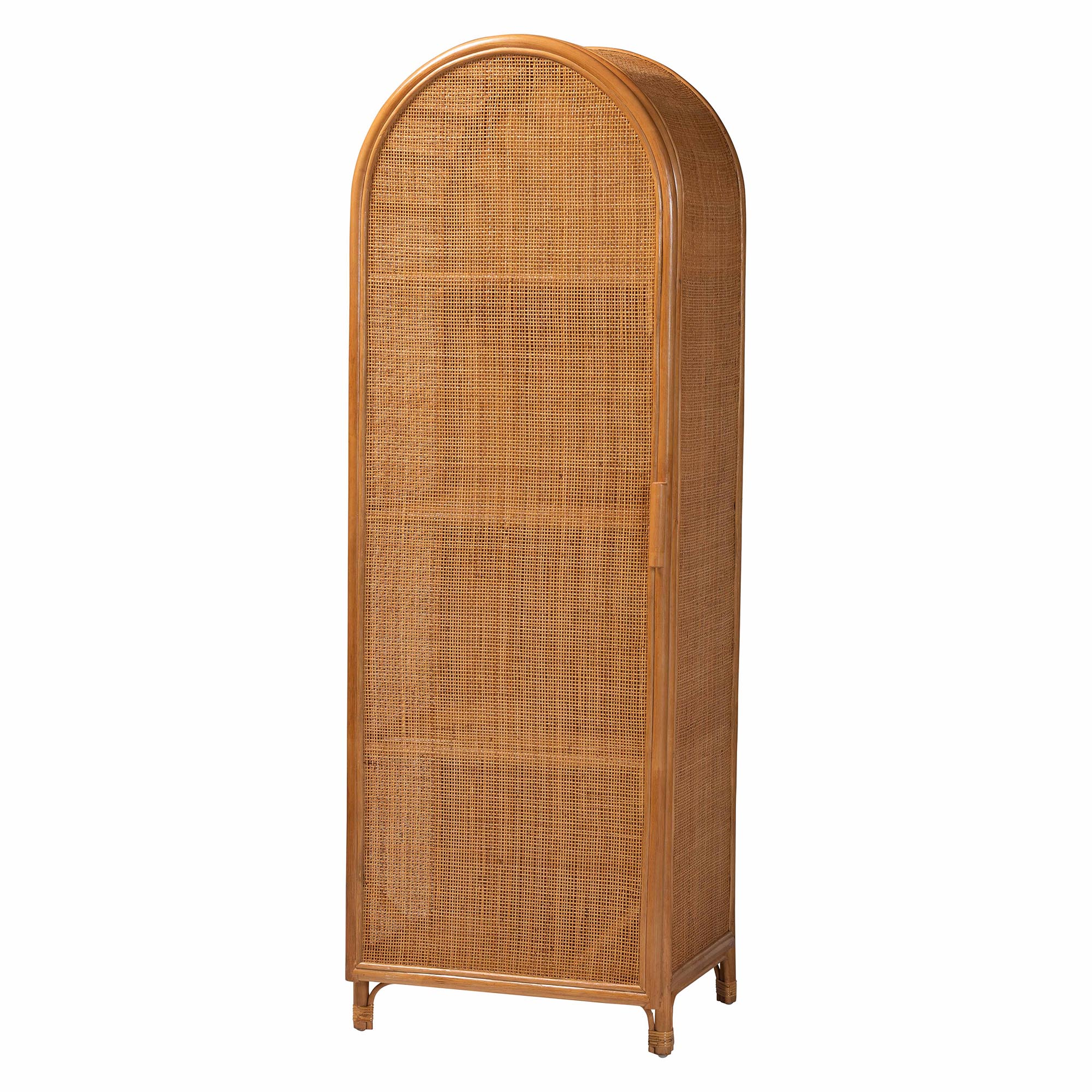 bali & pari Paloma Arched Rattan Accent Cabinet with Shelves - Handwoven Cane Display Unit with Door, Boho Chic Decorative Furniture Piece for Living Room Entryway or Sunroom