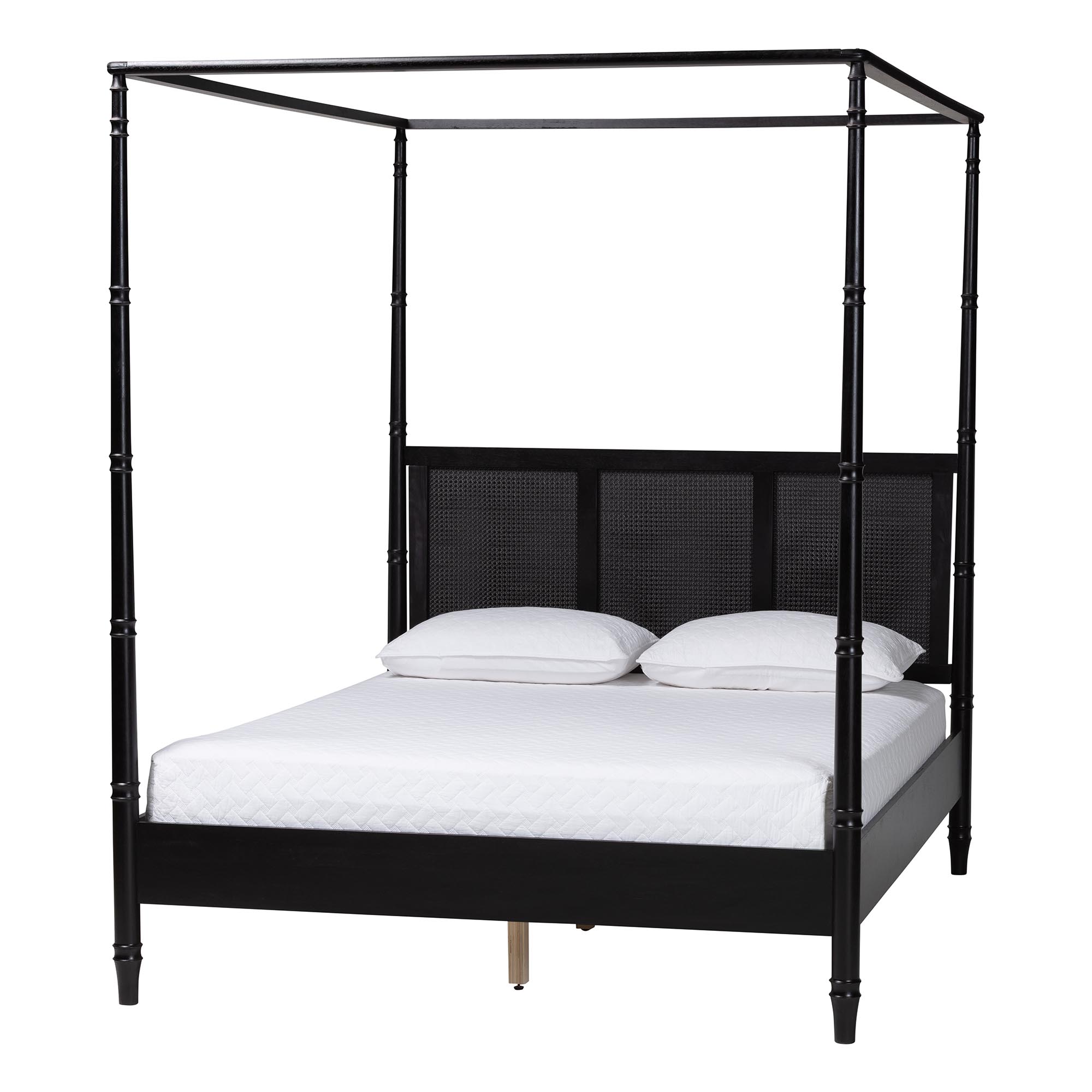 Baxton Studio Marisela Canopy Bed with Synthetic Rattan Headboard - Black Wood Bed Frame with Bamboo-Inspired Posts, Modern Transitional Bedroom Accent Furniture, Queen Size
