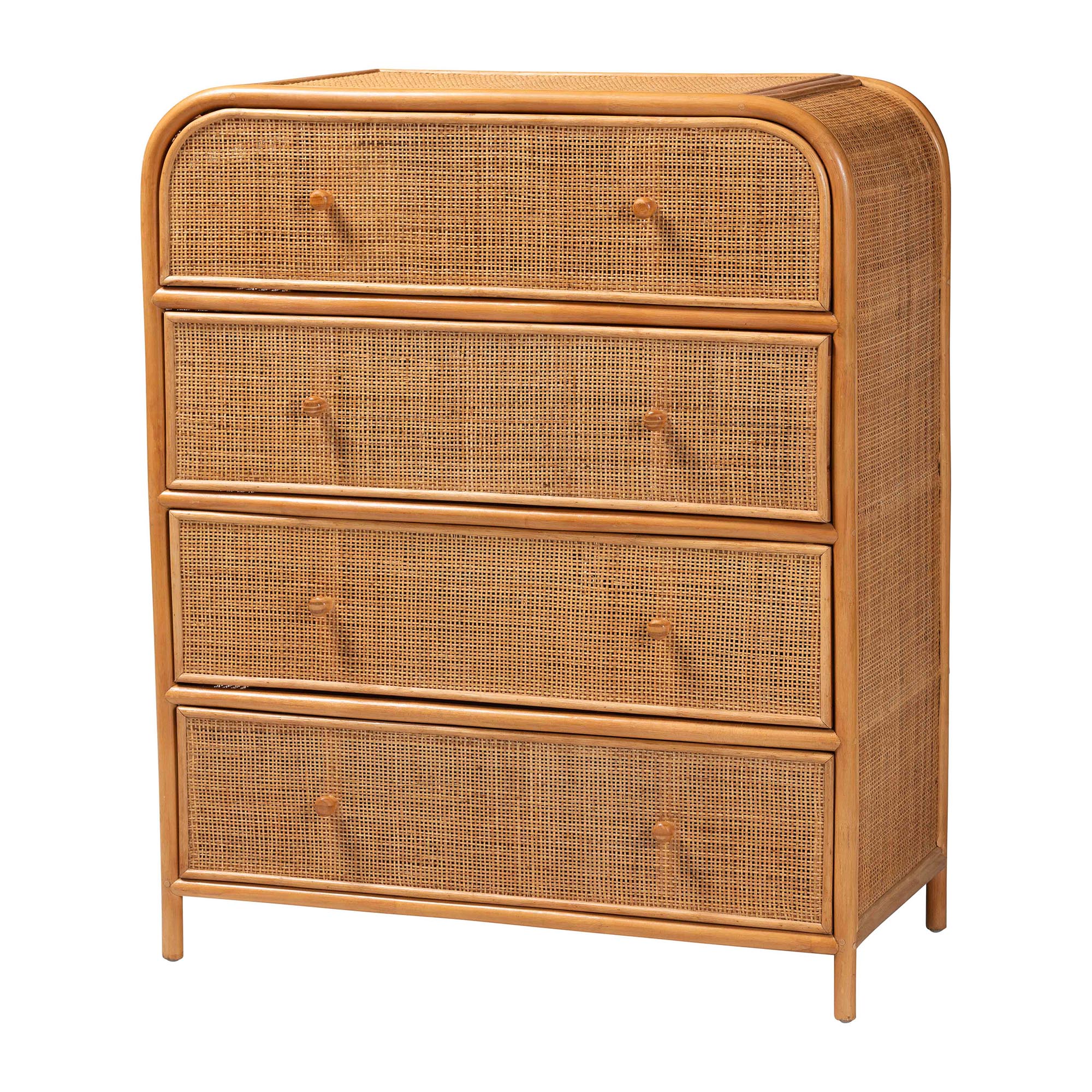 bali & pari Sampit Natural Rattan 4-Drawer Storage Cabinet - Handwoven Cane Displaying Unit with Rounded Frame, Boho Coastal Accent Furniture for Hallway, Living room or Bathroom