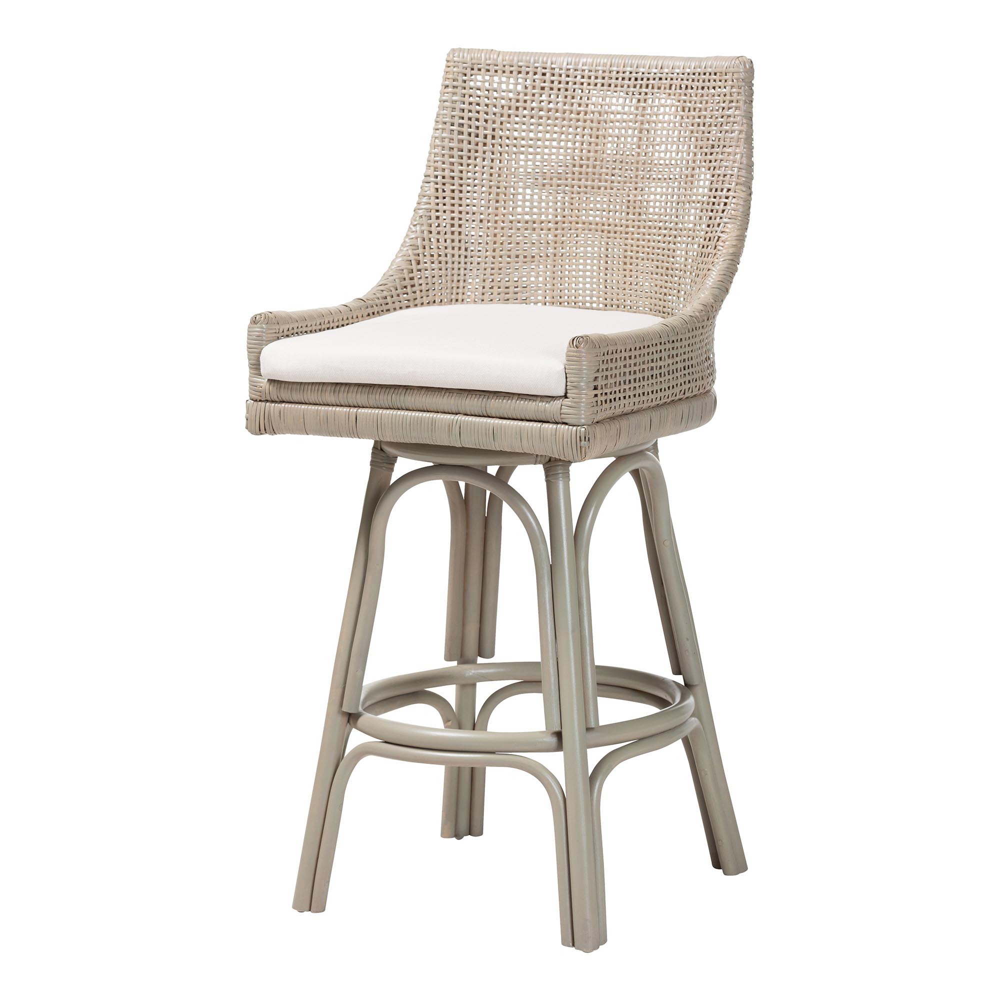 bali & pari Bella Swivel Rattan Bar Stool with Cushion - Handwoven Wicker Bar Chair with Backrest and Footrest, French Grey