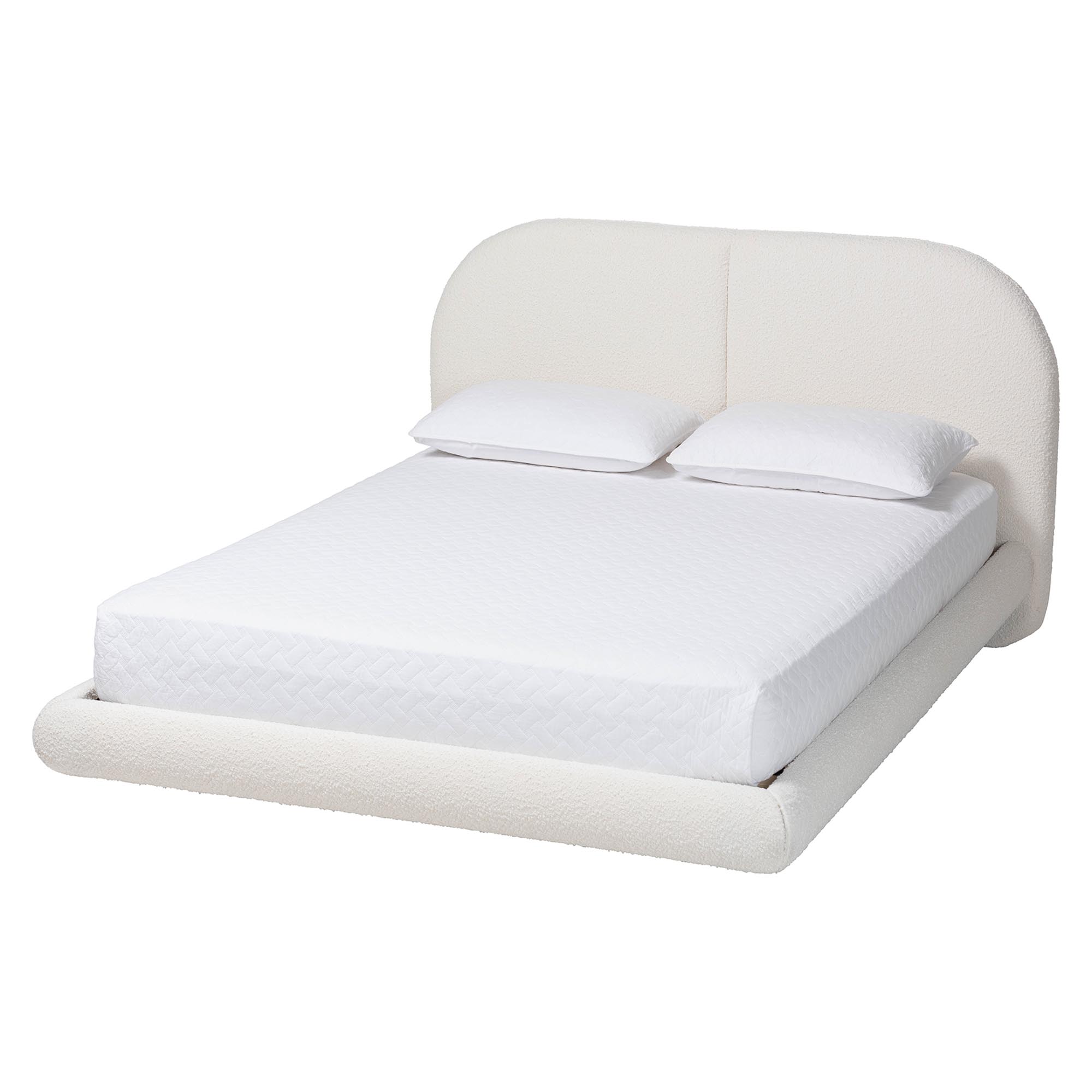 Baxton Studio Cachet Floating Platform Bed with Rounded Headboard - Low Profile Minimalist Boucle Upholstered Bed Frame, Cream, Queen