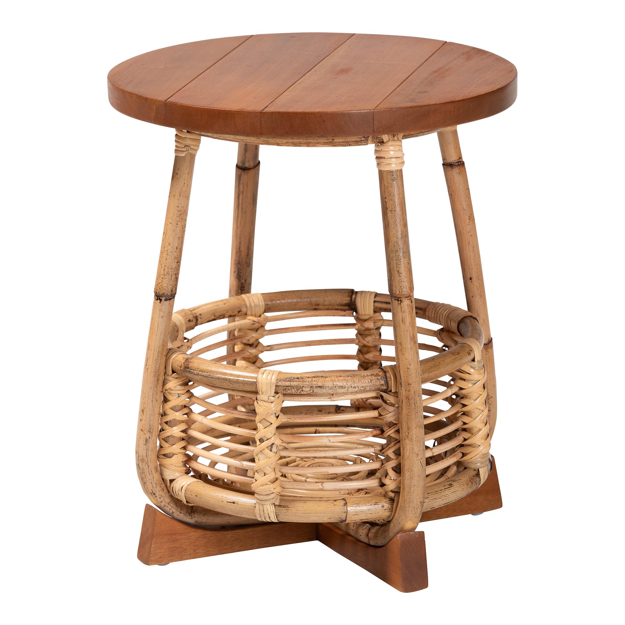 bali & pari Derenik Natural Rattan and Mahogany Wood End Table - Boho Accent Side Table with Woven Basket Base, Coastal Style Nightstand or Living Room Table