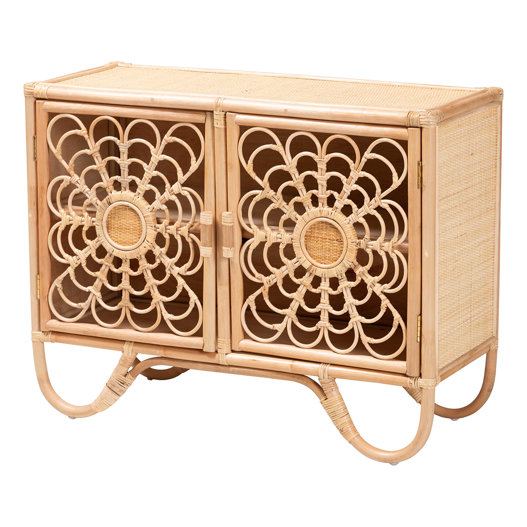 bali & pari Acelin Natural Rattan Storage Cabinet - Handcrafted Boho Accent Console with Floral Woven Doors, Natural Wicker Sideboard for Living Room or Entryway