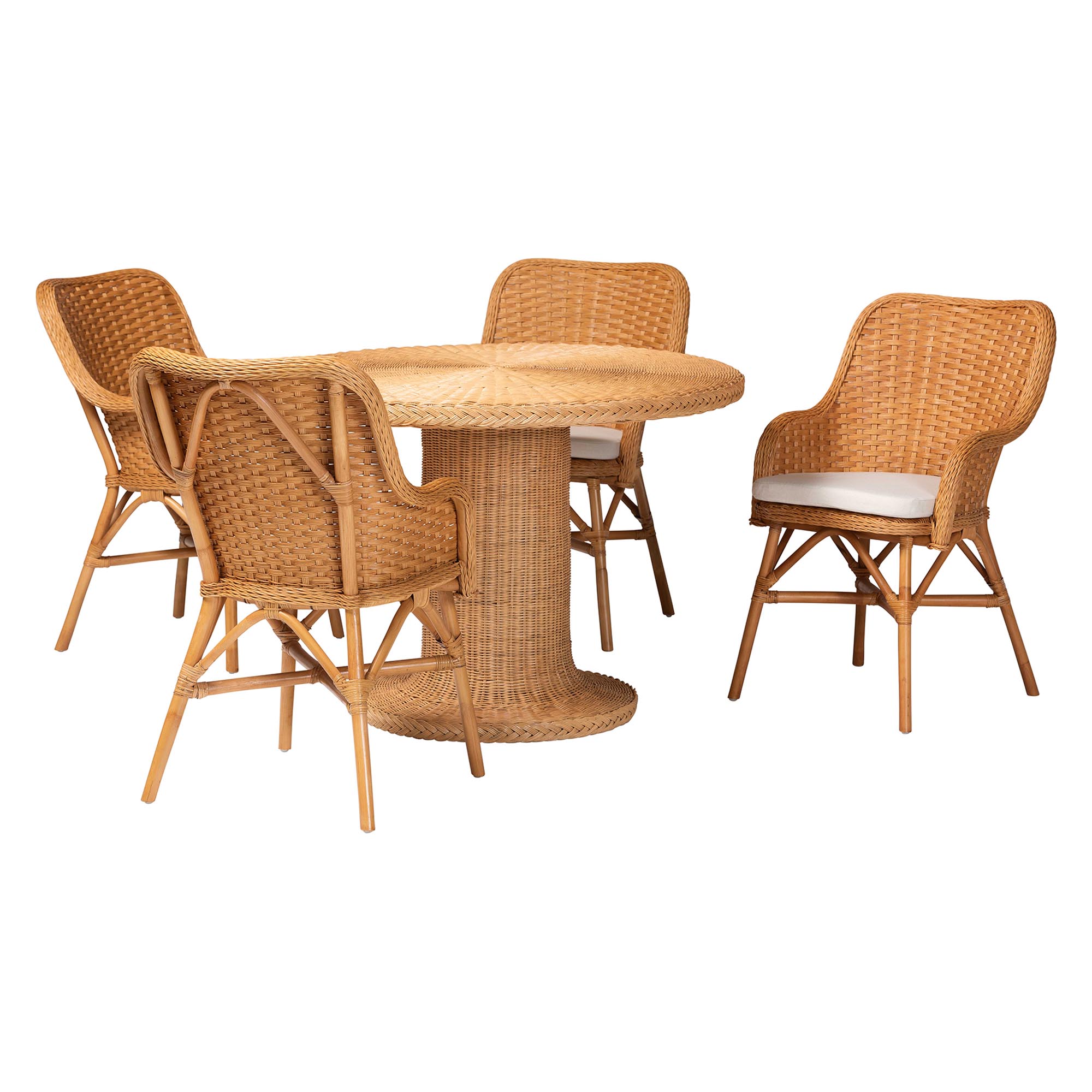 bali & pari Wistan 5-Piece Rattan Dining Set - Round Wicker Table with Pedestal Base and 4 Armchairs, Handwoven Boho Coastal Style for Dining, Kitchen or Sun Room, Light Honey