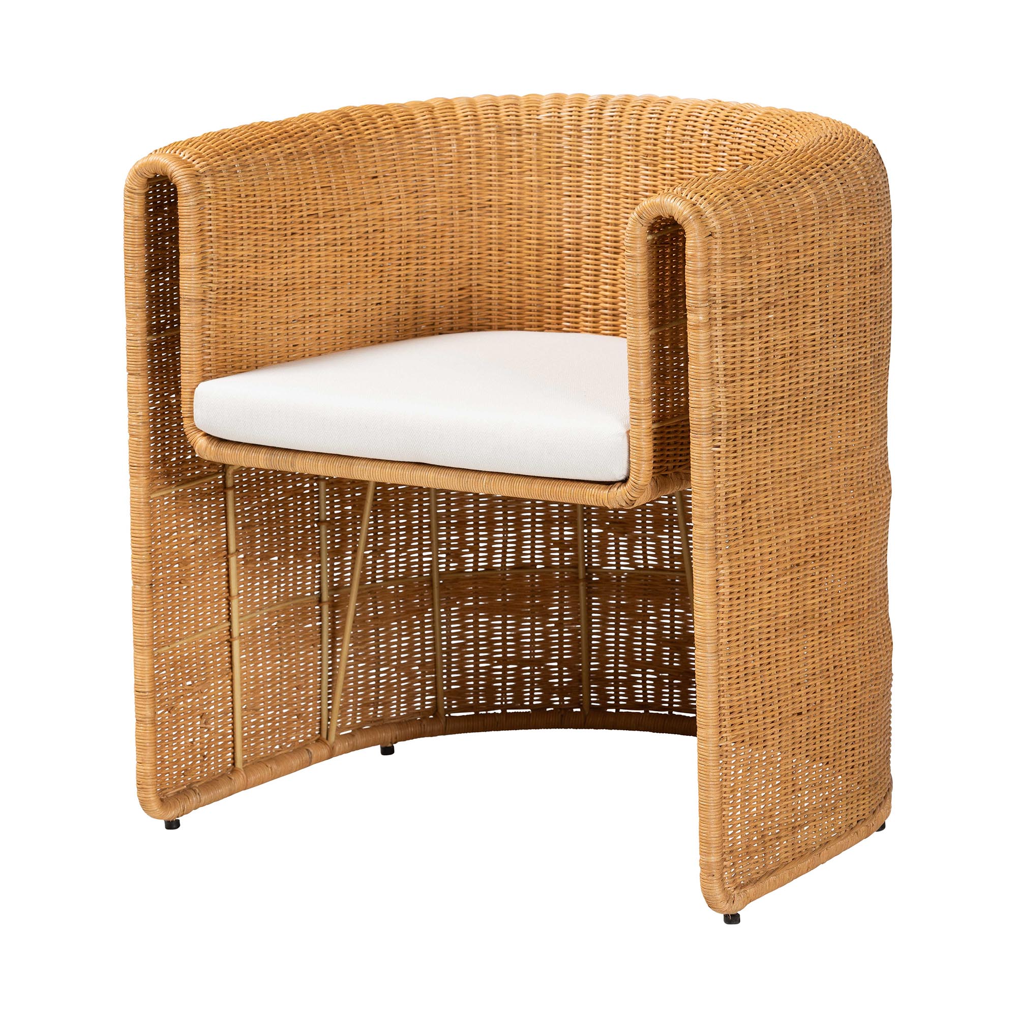 bali & pari Carina Natural Rattan Barrel Dining Chair - Handwoven Wicker Accent Chair with Curved Backrest and Removable Cushion, Coastal Boho Kitchen or Dining Room Seating