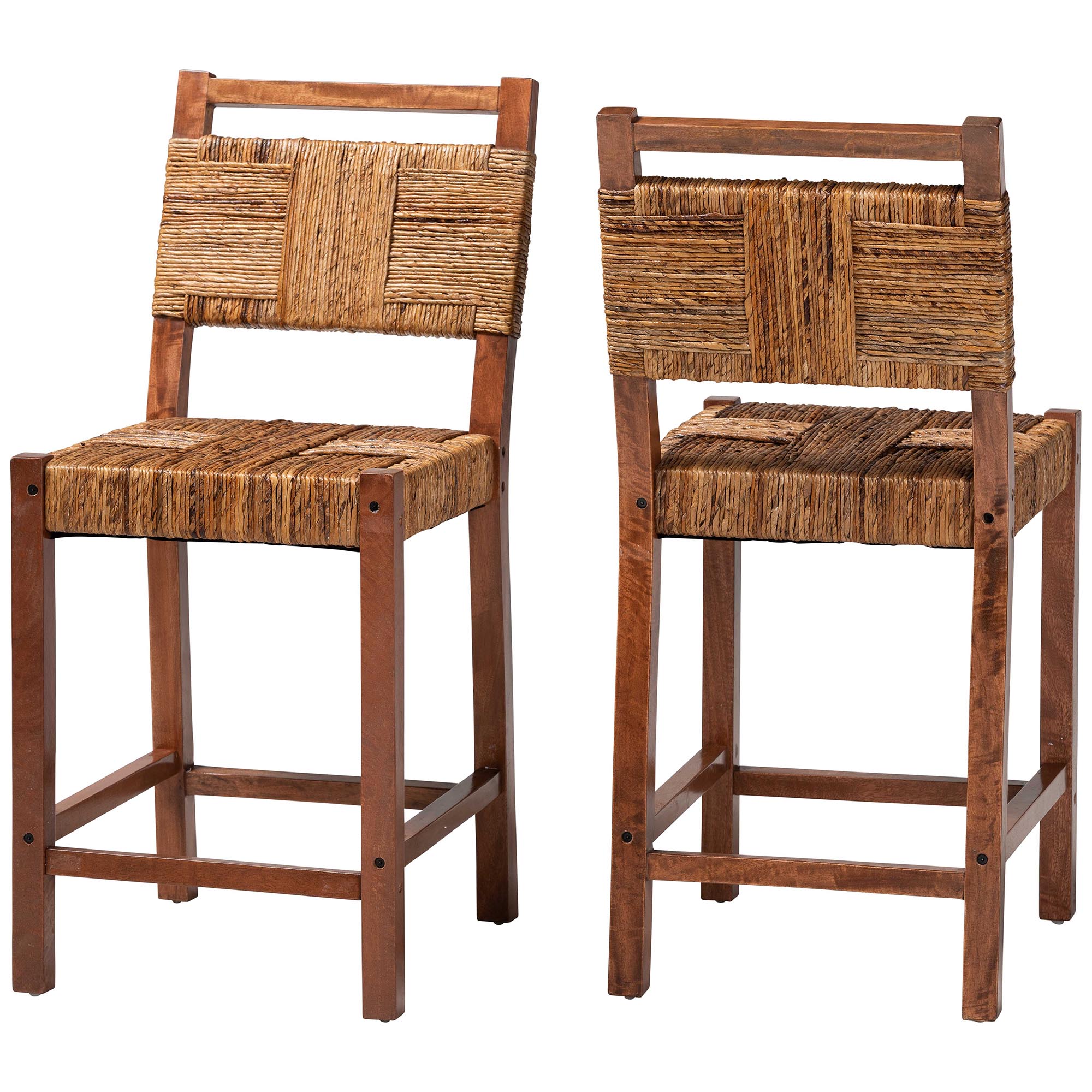bali & pari Chabela Seagrass Counter Stool Set of 2 - Solid Mango Wood Frame with Woven Seat and Backrest, Rustic Boho Style Dining or Kitchen Island Seating, Brown