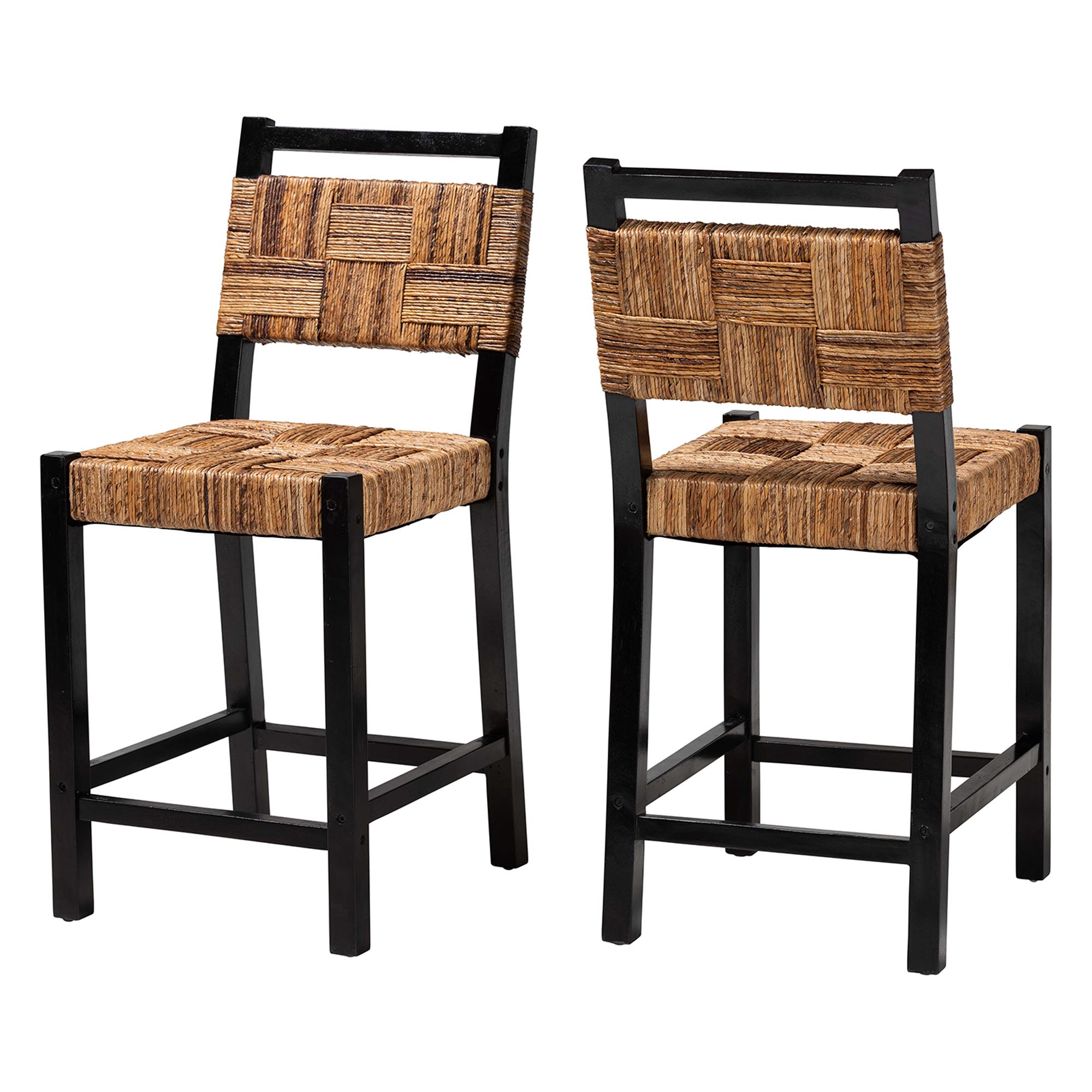 bali & pari Raniya Seagrass Counter Stool Set of 2 - Solid Mango Wood Frame with Woven Seat and Backrest, Rustic Boho Style Dining or Kitchen Island Seating, Black