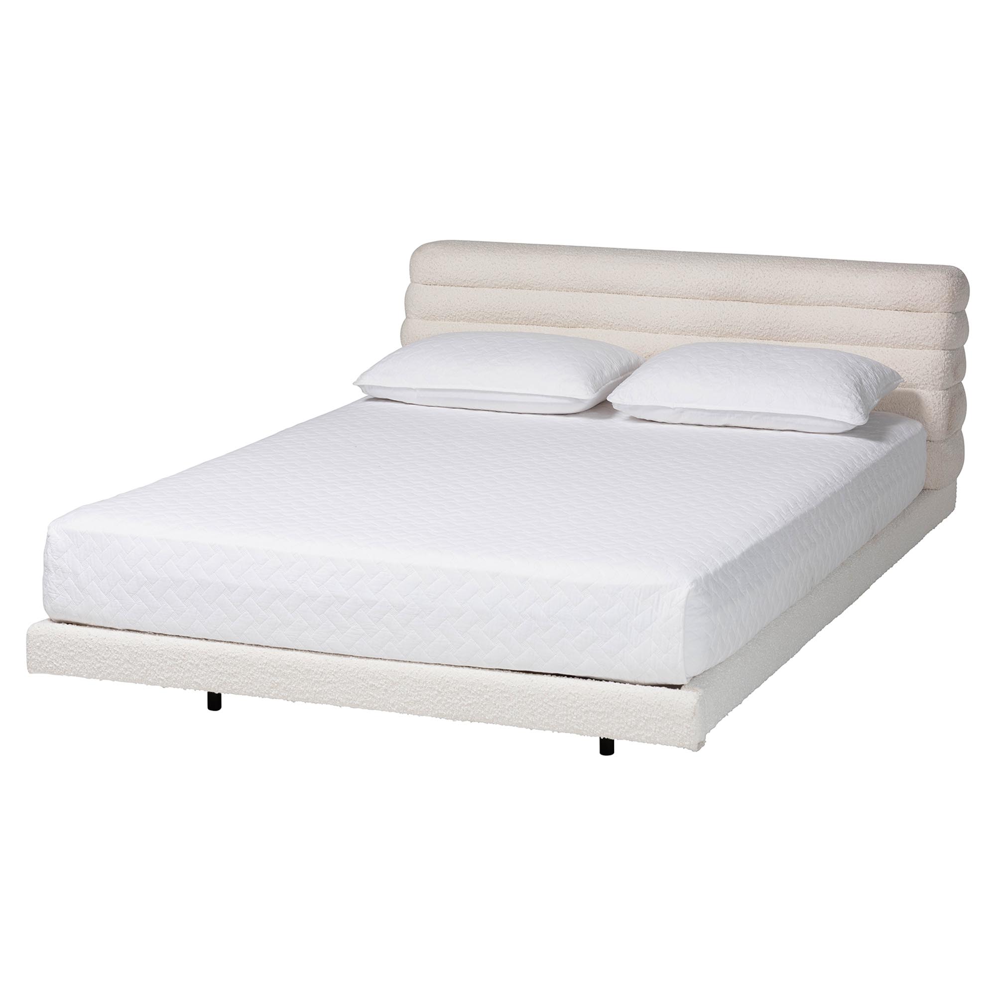 Baxton Studio Alfie Boucle Floating Bed with Channel Tufted Headboard - Low Profile Minimalist Platform Bed Frame, Cream, Queen