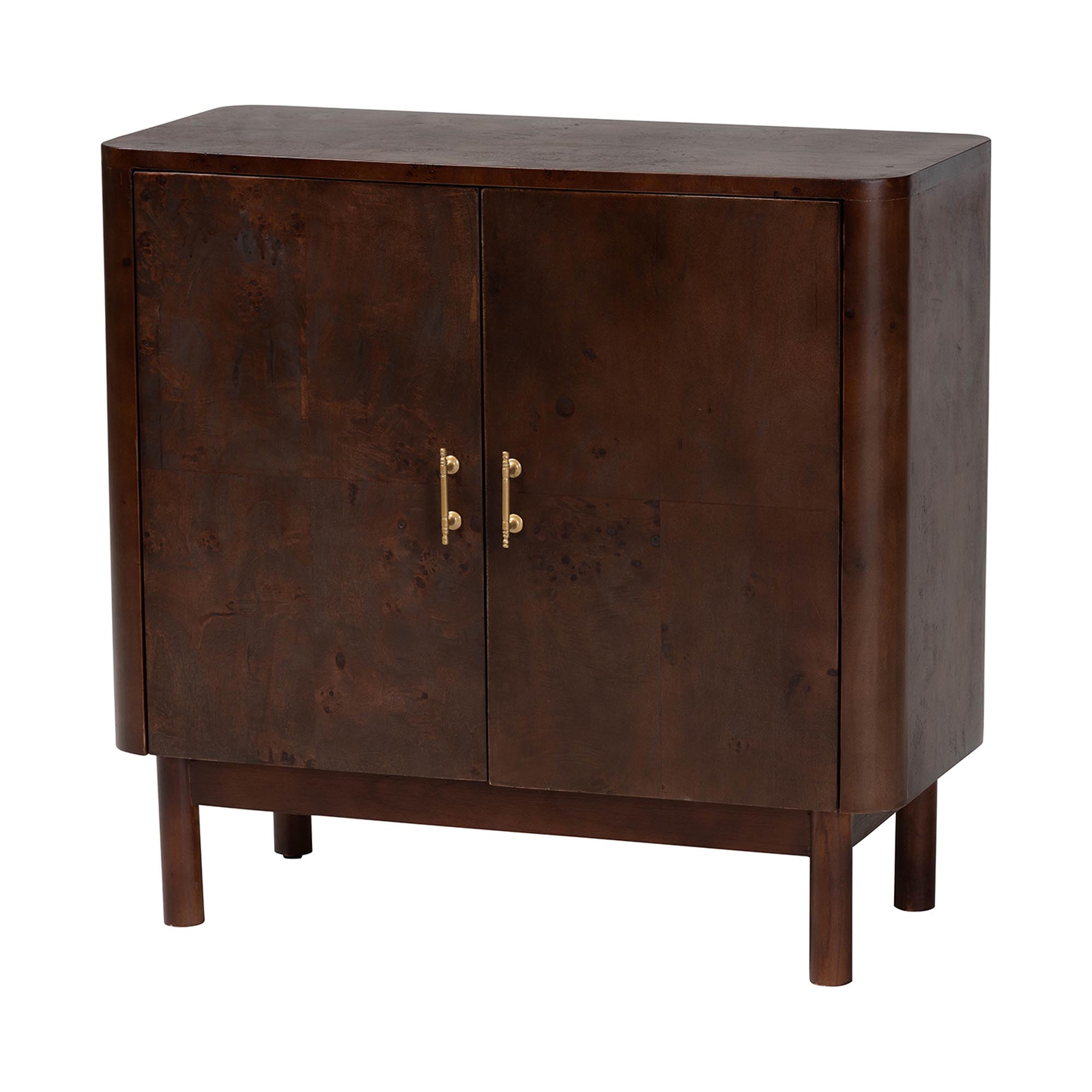 bali & pari Latika Real Burl Wood Storage Cabinet in Dark Walnut Brown - Modern Accent Cupboard with Double Doors and Brass Handles, Elegant Sideboard for Entryway, Living Room, or Dining Area