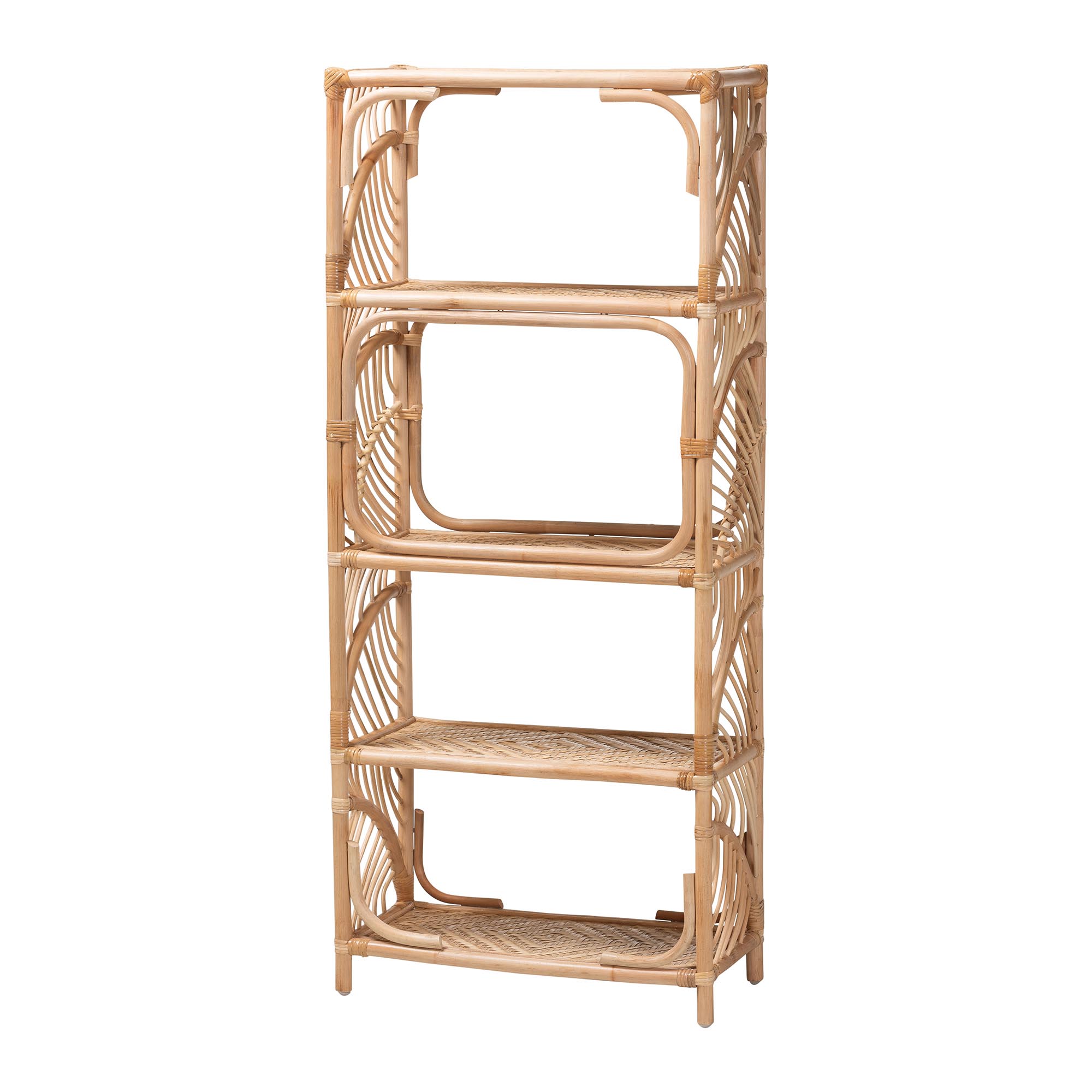 bali & pari Baara Natural Rattan 4-Tier Display Shelf - Handcrafted Bookcase with Openwork Side Panels, Boho Coastal Design for Living Room or Bedroom