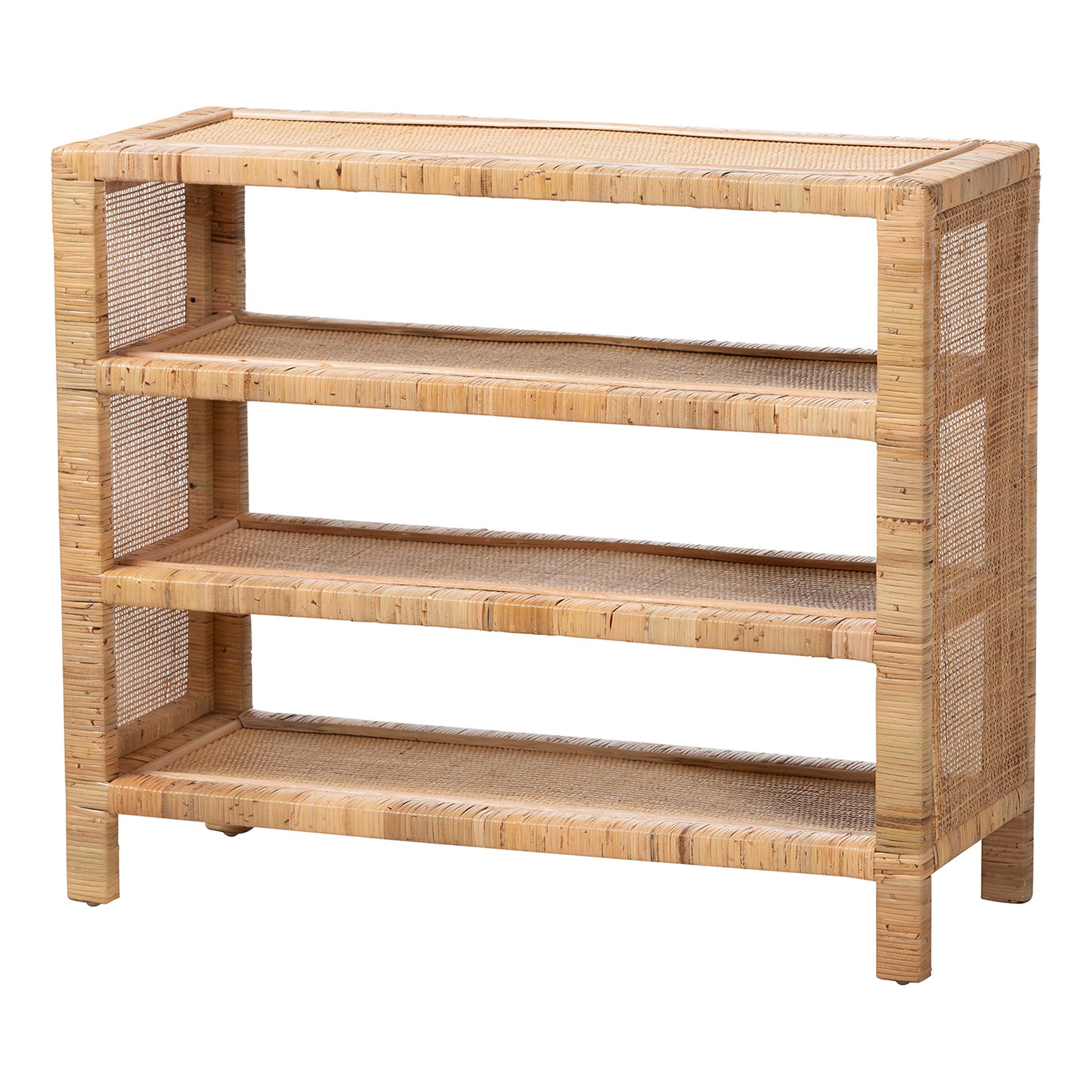 bali & pari Abelia Natural Rattan 4-Tier Display Shelf - Handwoven Boho Coastal Bookcase or Entryway Storage, Lightweight Wicker Accent Furniture