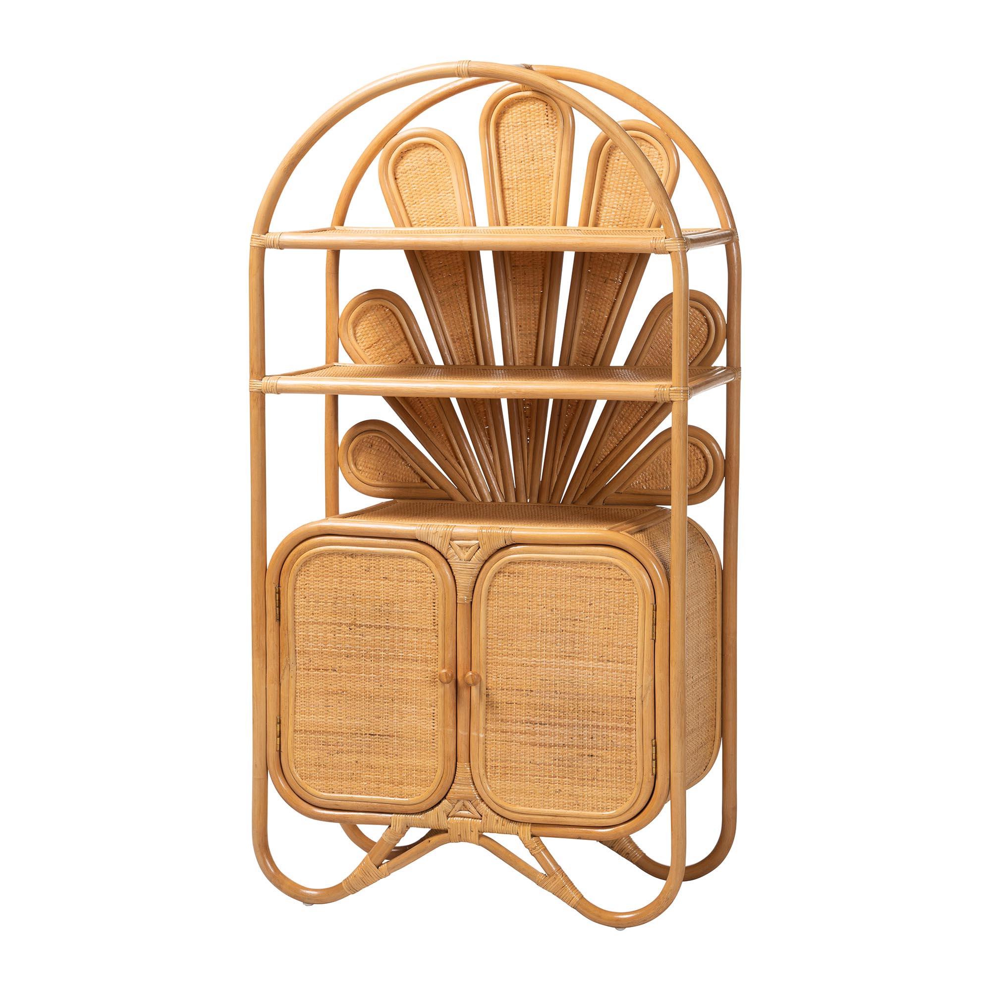 bali & pari Noreen Peacock Fan Natural Rattan Cabinet - Handcrafted Rattan Pole Hutch with Woven Doors and Shelves, Boho Coastal Accent Shelving and Display Unit