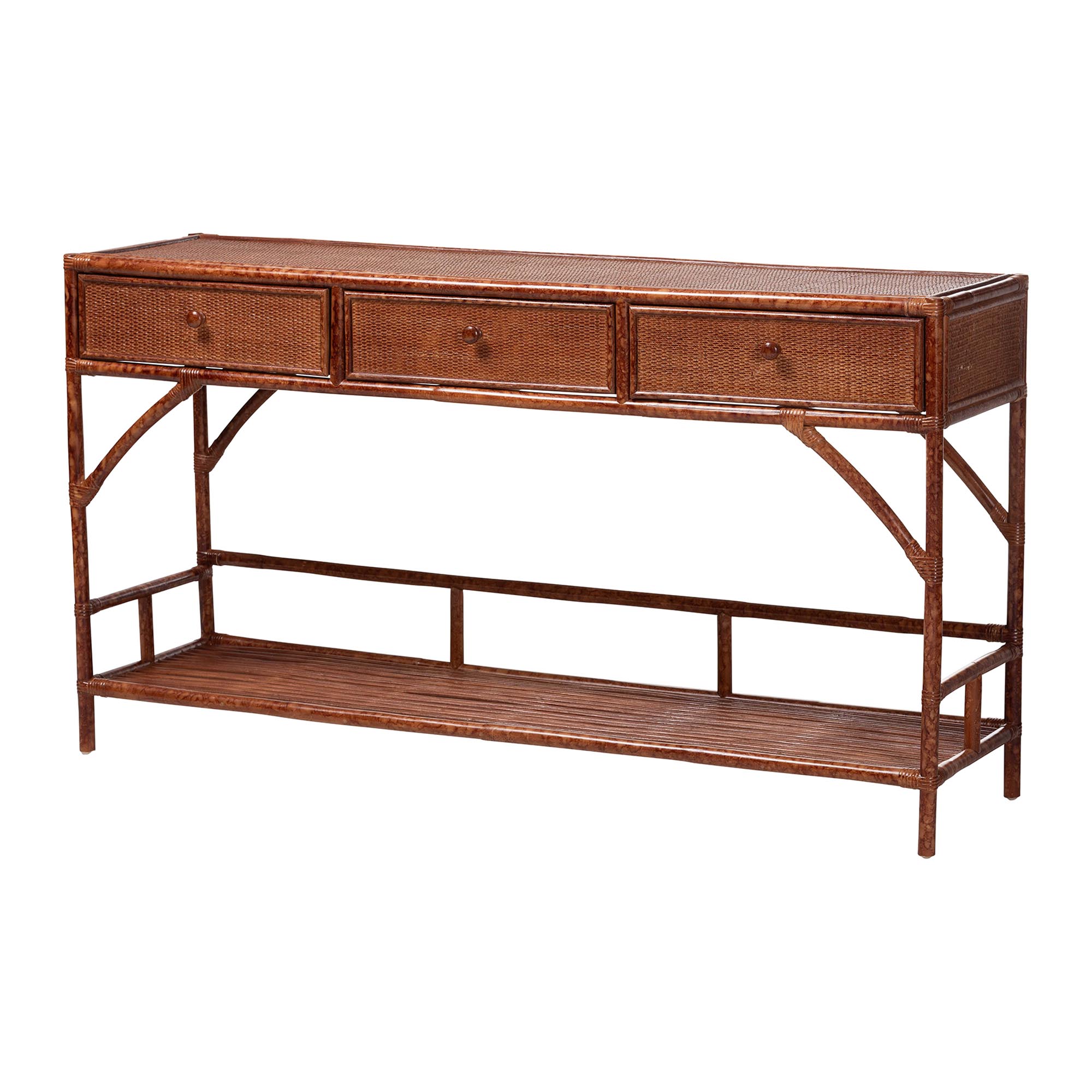 bali & pari Brier Marbled Tortoise Natural Rattan Console Table - Handcrafted Accent Table with 3-Drawers and Lower Shelf, Coastal Boho Style for Entryway, Hallway, or Living Room