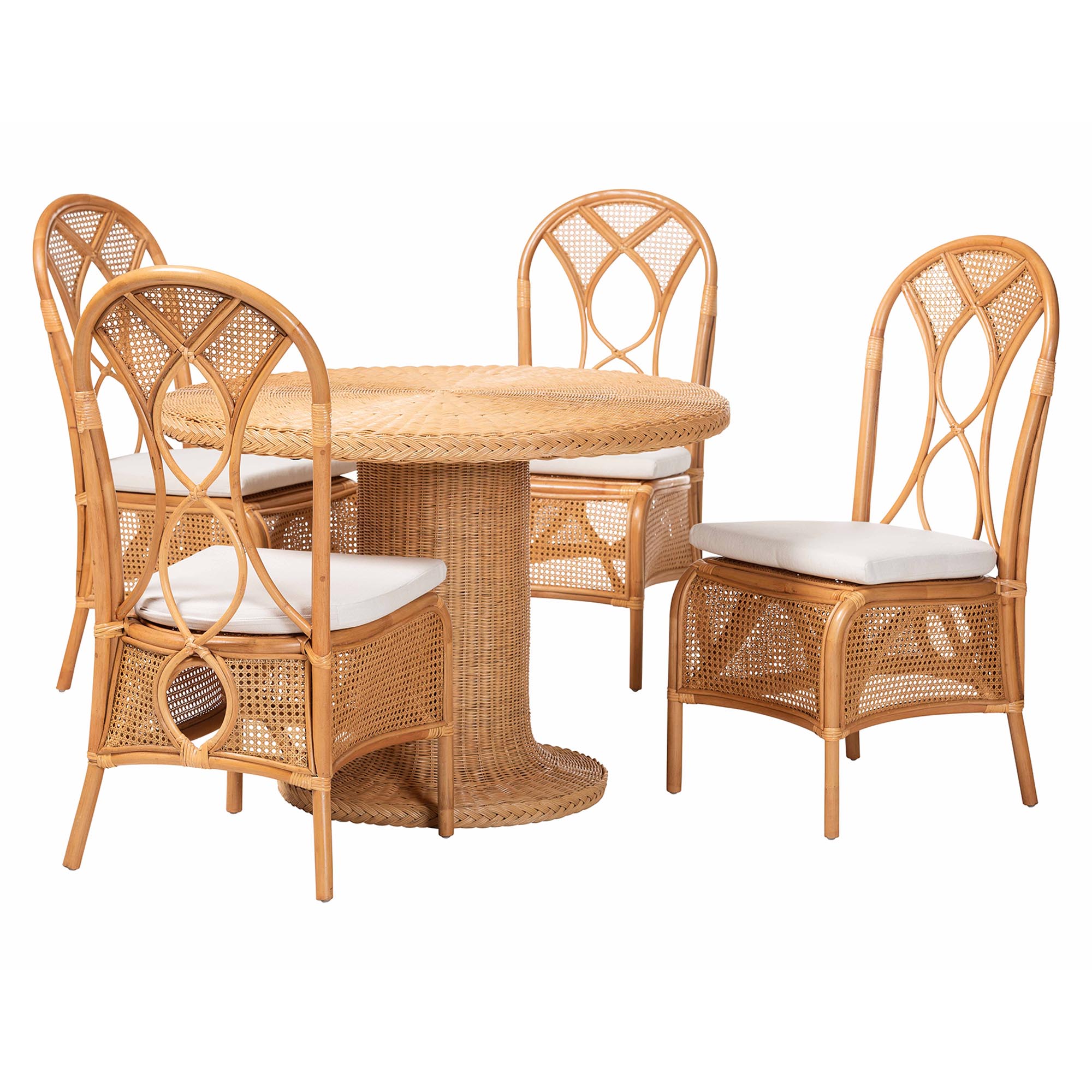 bali & pari Wallis 5-Piece Natural Rattan Dining Set with Round Pedestal Table and 4 Chairs, Handwoven Wicker Dining Furniture with Cushioned Seats, Boho Coastal Kitchen or Dining Room Set