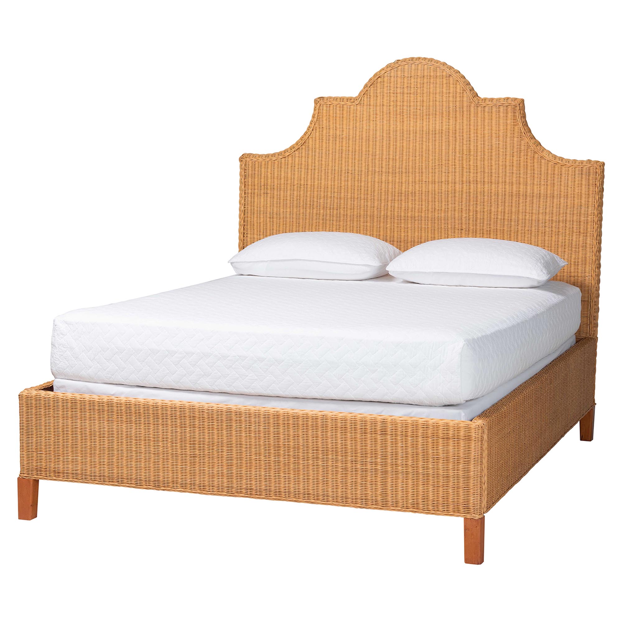 bali & pari Melanie Natural Rattan Bed - Coastal Boho Bed Frame with Scalloped Headboard, Queen
