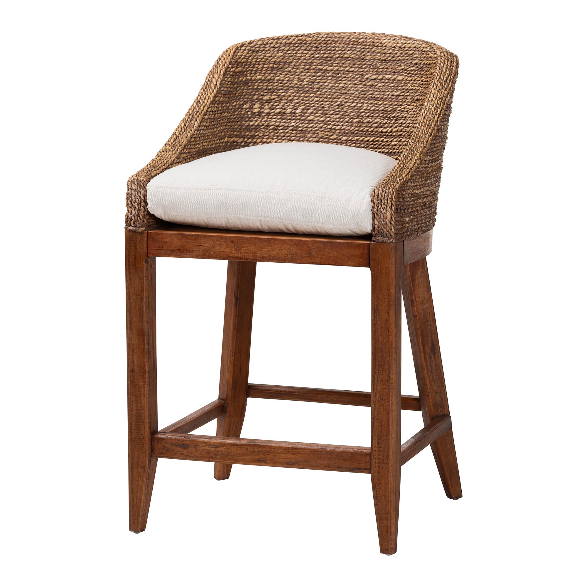 bali & pari Jasper Seagrass Counter Stool with Mahogany Wood Frame - Coastal Seating with Woven Wingback and Cushioned Seat for Kitchen Island or Breakfast Bar, Brown Wash