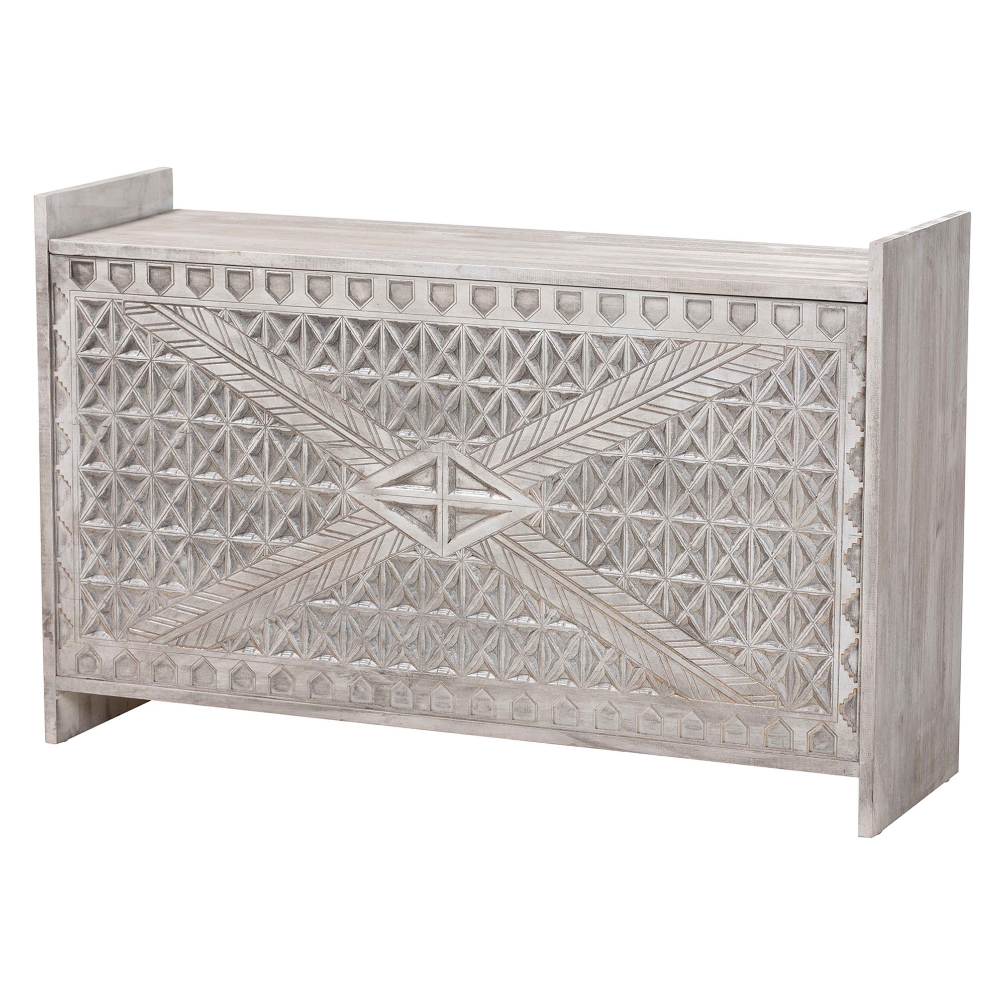 bali & pari Amado Wood Storage Trunk with Carved Front Panel - Decorative Whitewashed Trunk with Spacious Hidden Storage, Vintage Boho Furniture for Living Room or Entryway