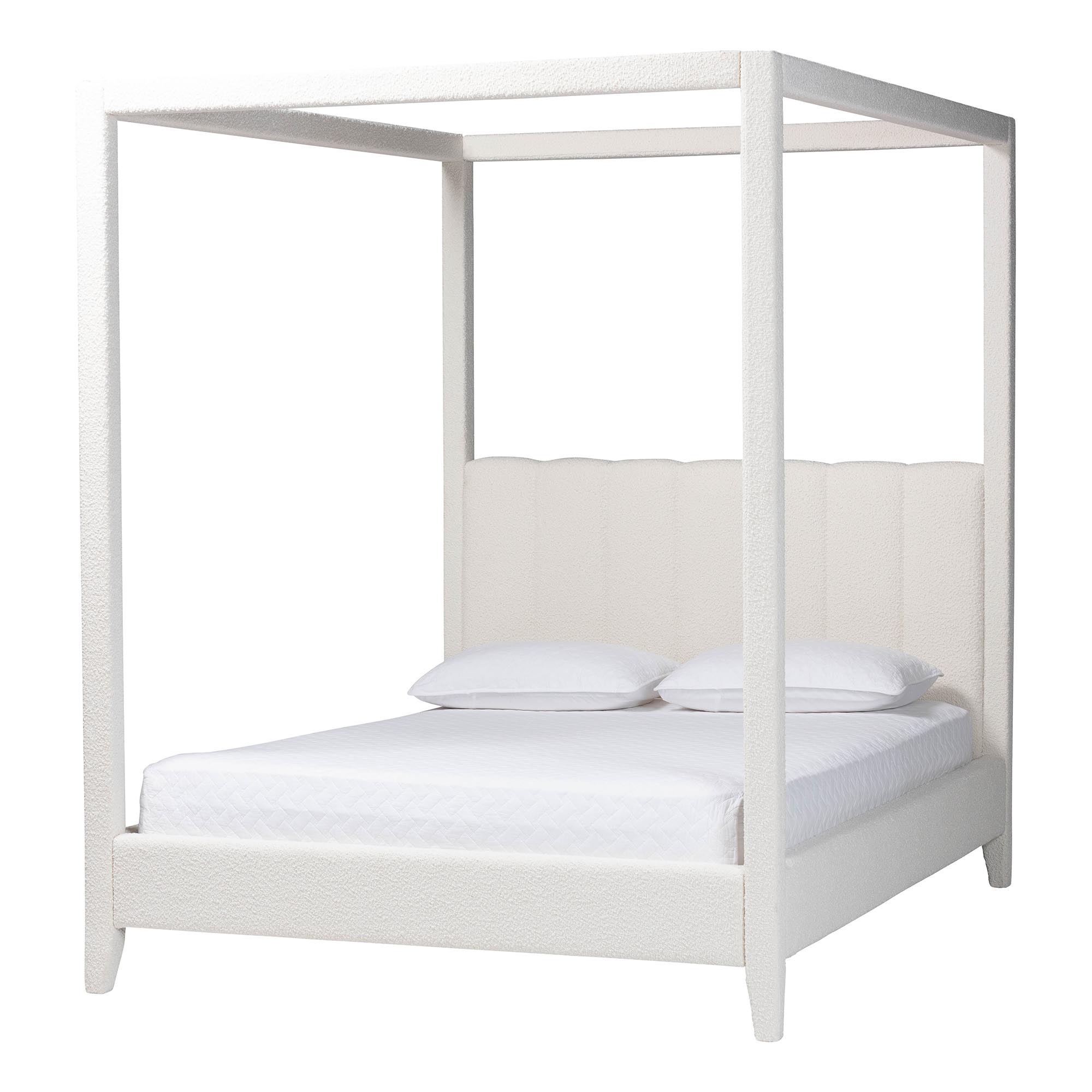 Baxton Studio Aerona Boucle Upholstered Canopy Bed - Four Poster Platform Bed with Channel-Tufted Headboard, Cream, Queen