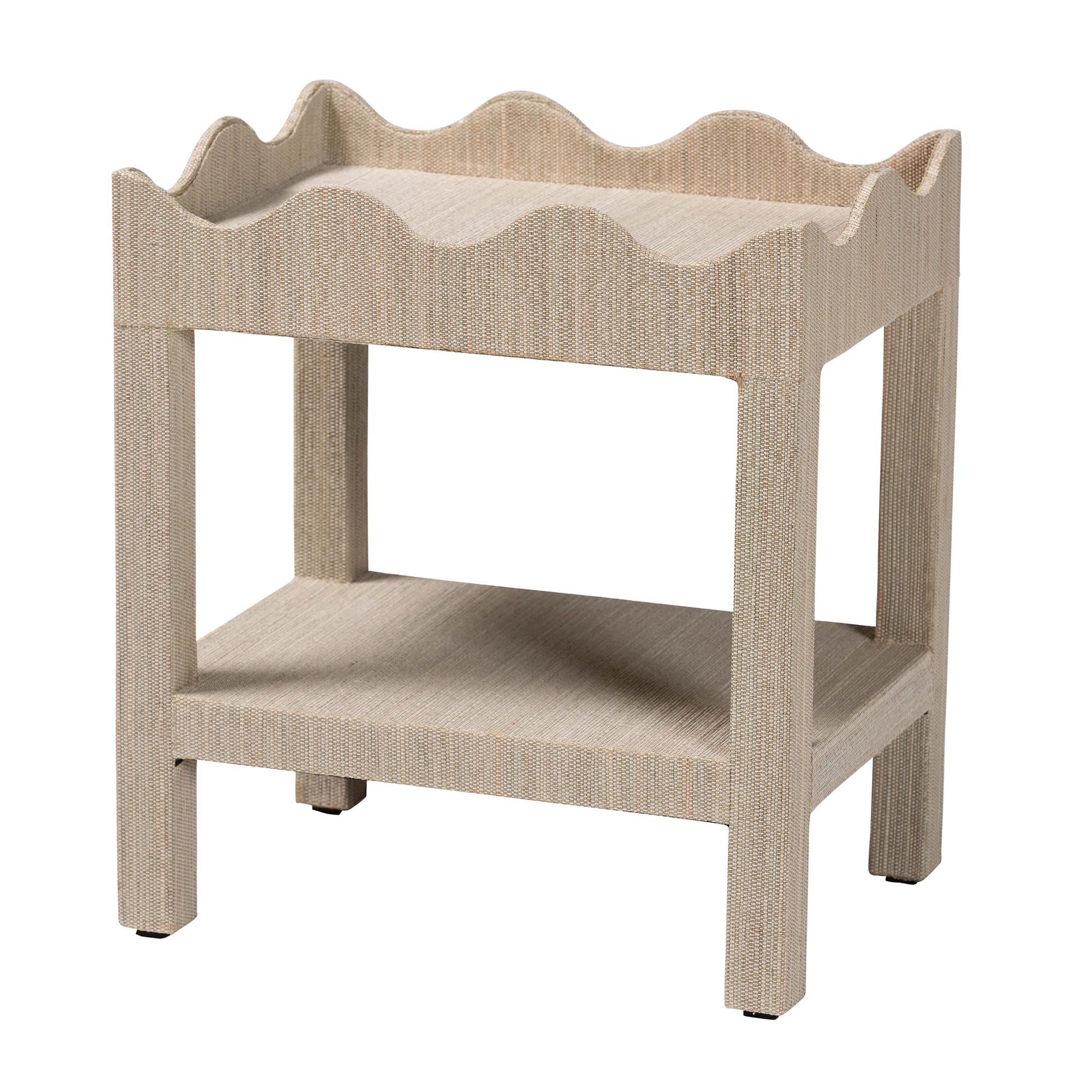 bali & pari Sebastian Grasscloth Scalloped End Table - 2-Tier Accent Table with Open Shelf Storage for Living Room, Bedroom, or Entryway, White