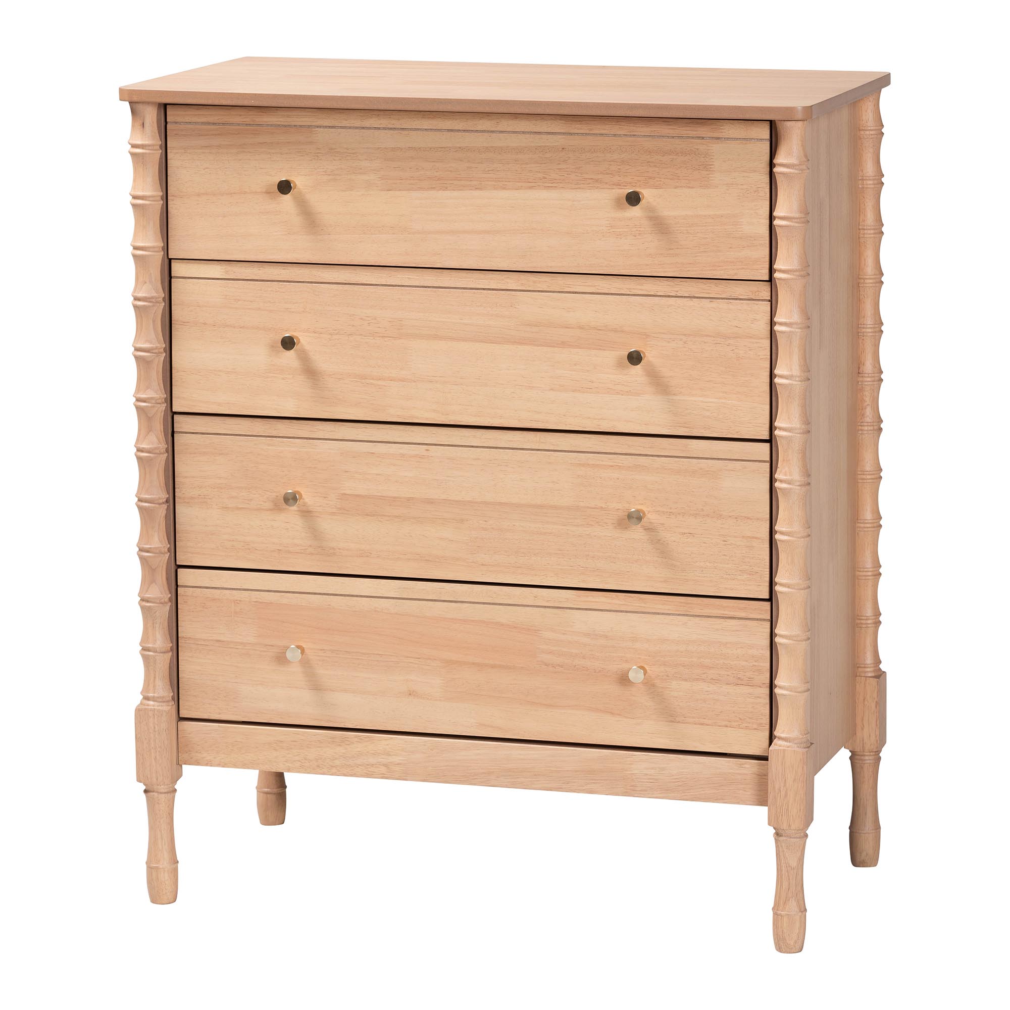 Baxton Studio Laurent Chest - 4-Drawer Bedroom Organizer with Bamboo-Style Turned Legs, Cottage Farmhouse Storage Cabinet for Clothing or Linens