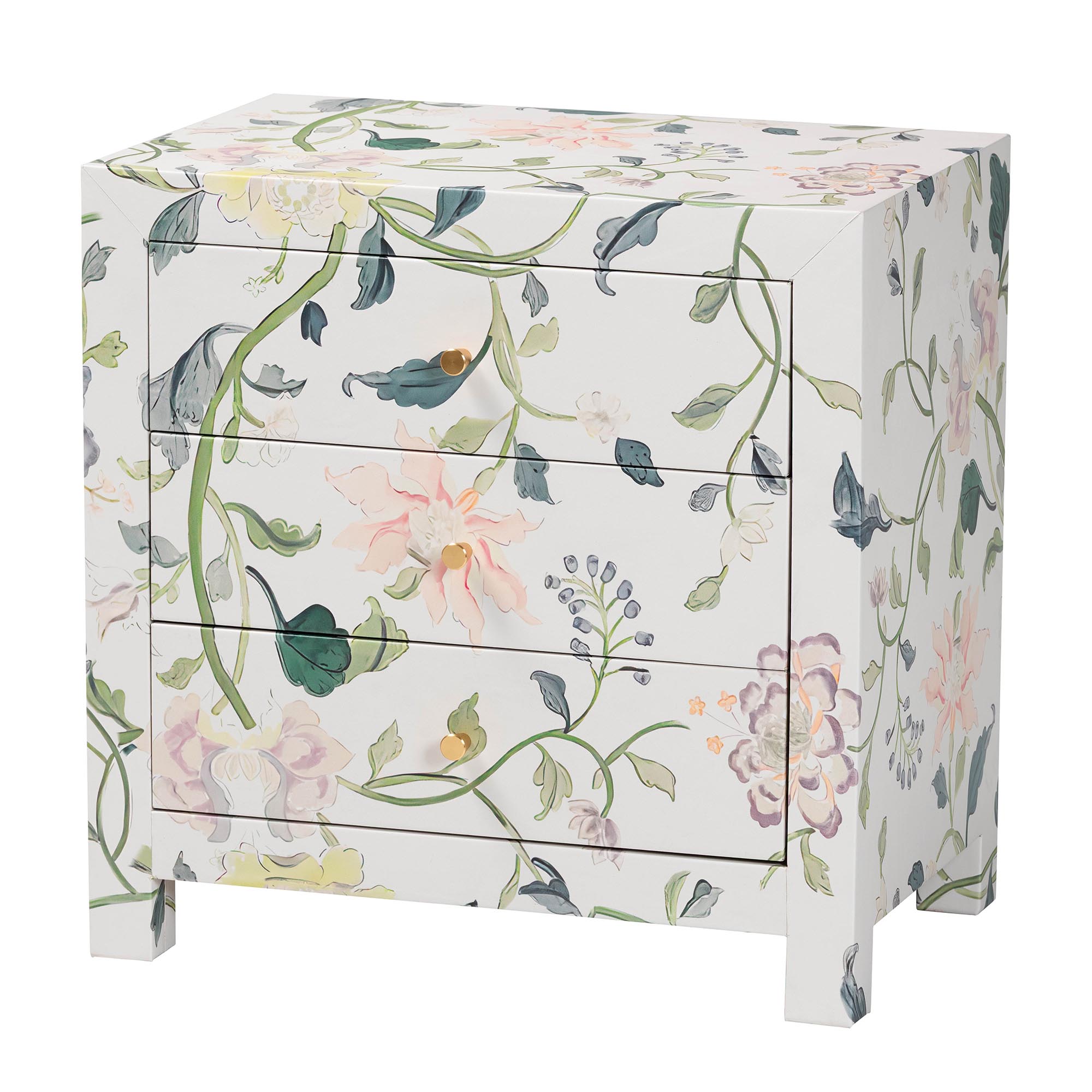 Baxton Studio Connery Floral  End Table - 3-Drawer Decorative Accent Storage Cabinet