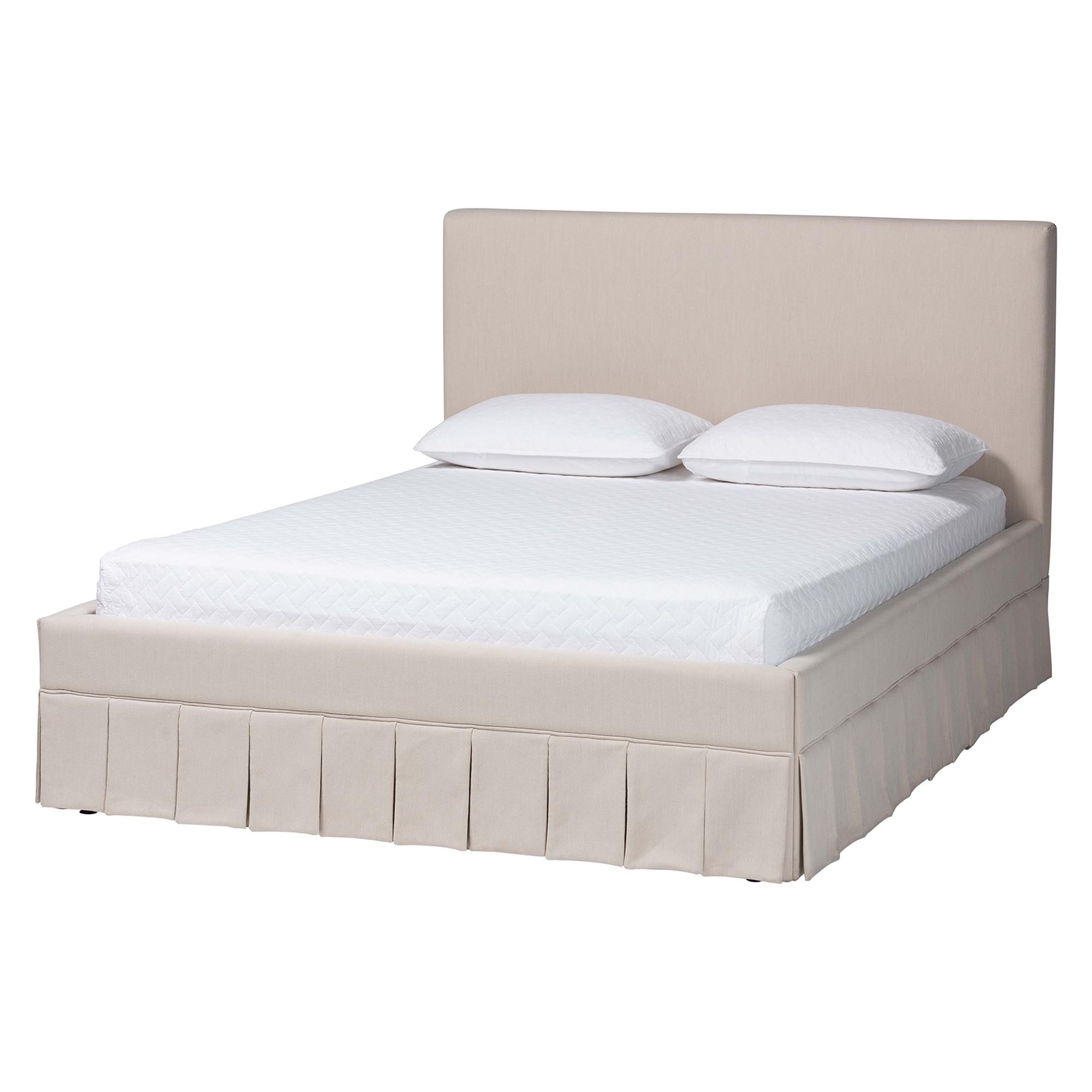 Baxton Studio Astin Platform Bed with Pleated Skirt- Fabric Upholstered Bed Frame with Panel Headboard, Queen
