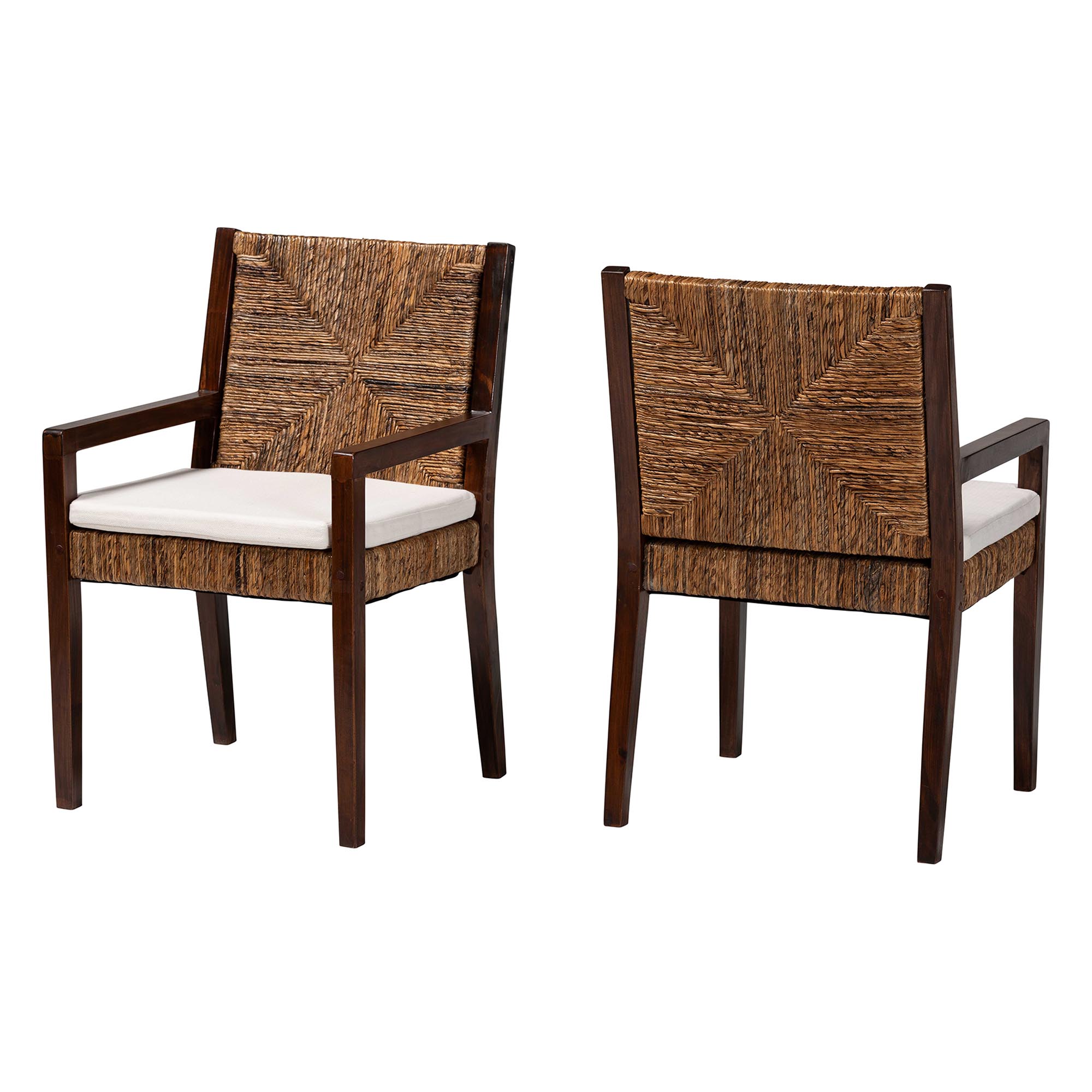 bali & pari Cordoba 2-Piece Handwoven Seagrass Armchairs - Solid Mango Wood Frame Dining Chair with Woven Seat and Backrest, Rustic Boho Style Kitchen or Dining Room Seating, Dark Brown