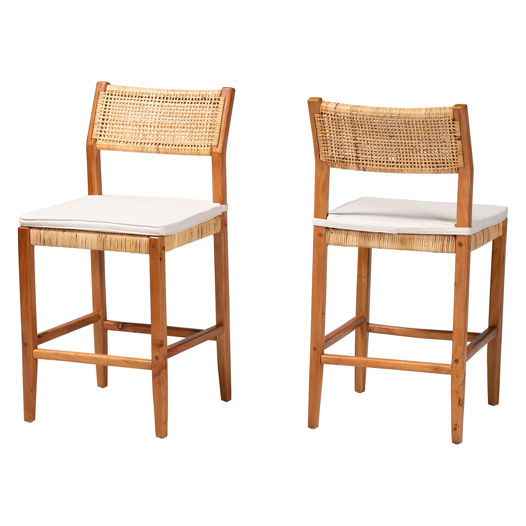 bali & pari Chatura Natural Rattan and Mahogany Wood 2-Piece Counter Stool Set - Handwoven Wicker Stool with Angled Back, Coastal Boho Seating for Kitchen Island, Counter Height