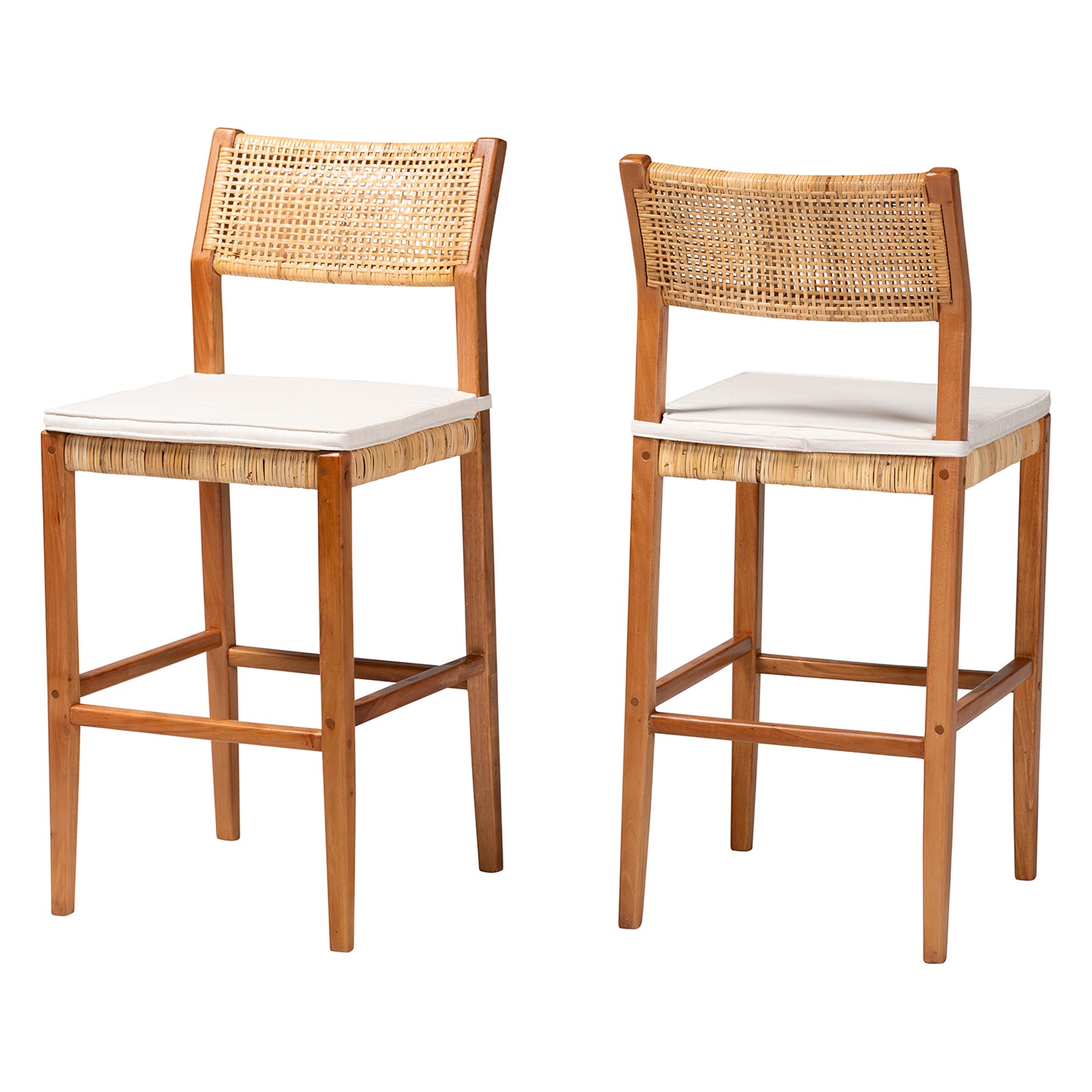 bali & pari Chatura Natural Rattan and Mahogany Wood 2-Piece Bar Stool Set - Handwoven Wicker Stool with Angled Back, Coastal Boho Seating for Lounge, Bar Height