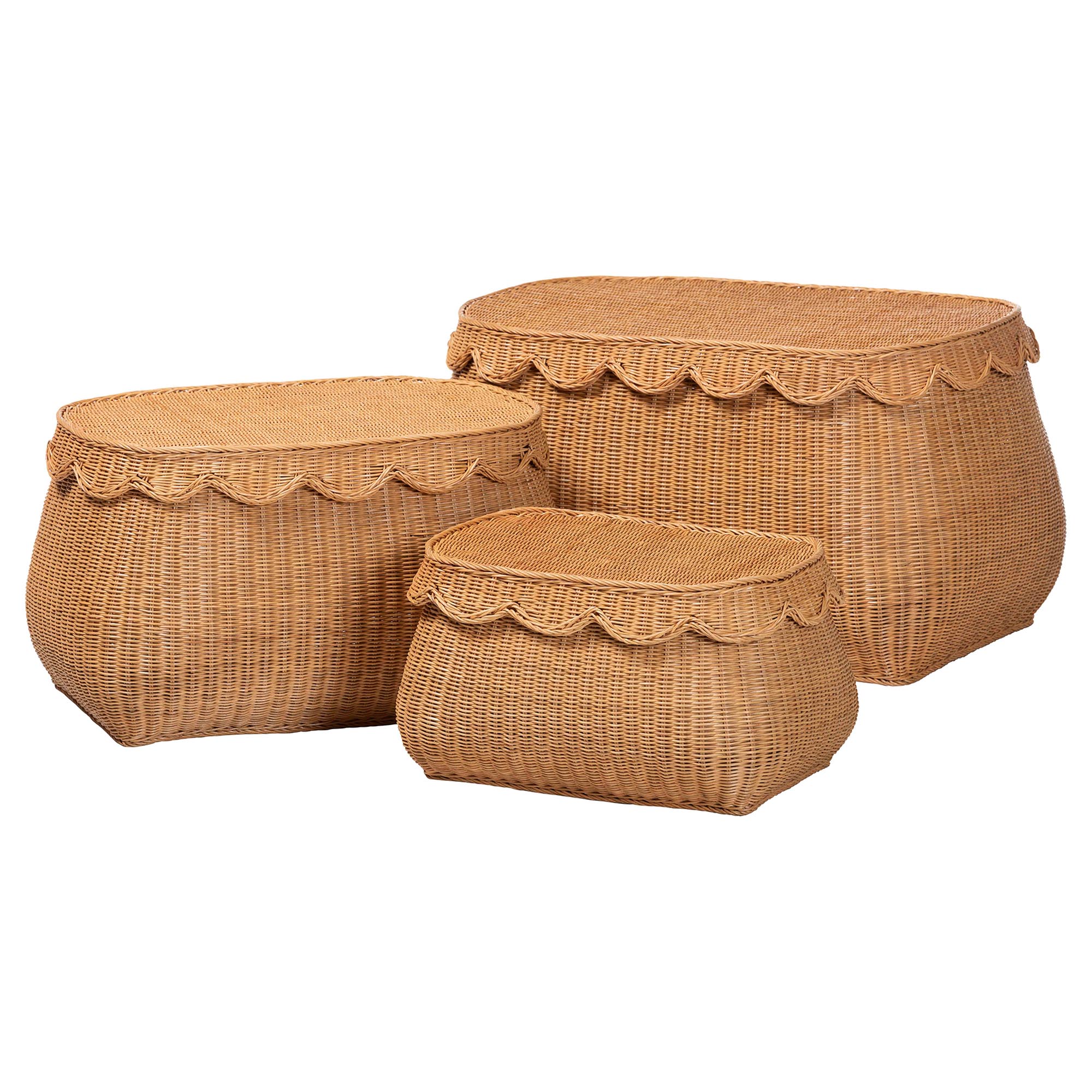 bali & pari Ayleen Natural Rattan Basket Set with Scalloped Lids - Handwoven Wicker Storage Boxes, Boho Coastal Home Decor, 3-Piece Set