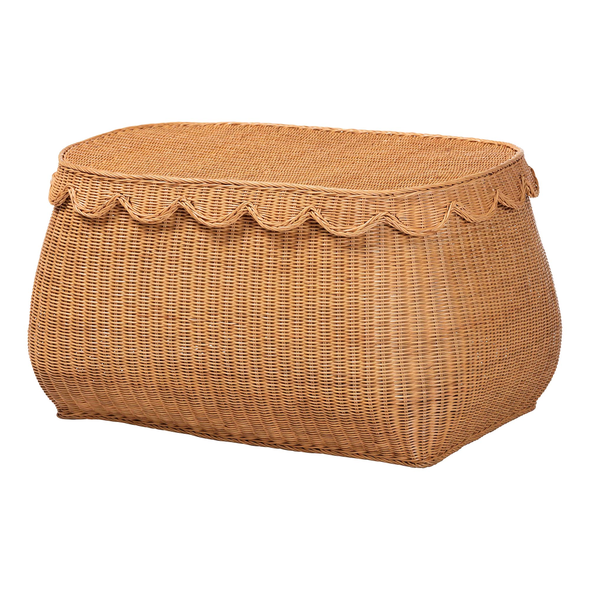 bali & pari Ayleen Natural Rattan Basket with Scalloped Lid - Handwoven Wicker Storage Box, Boho Coastal Home Decor, Large