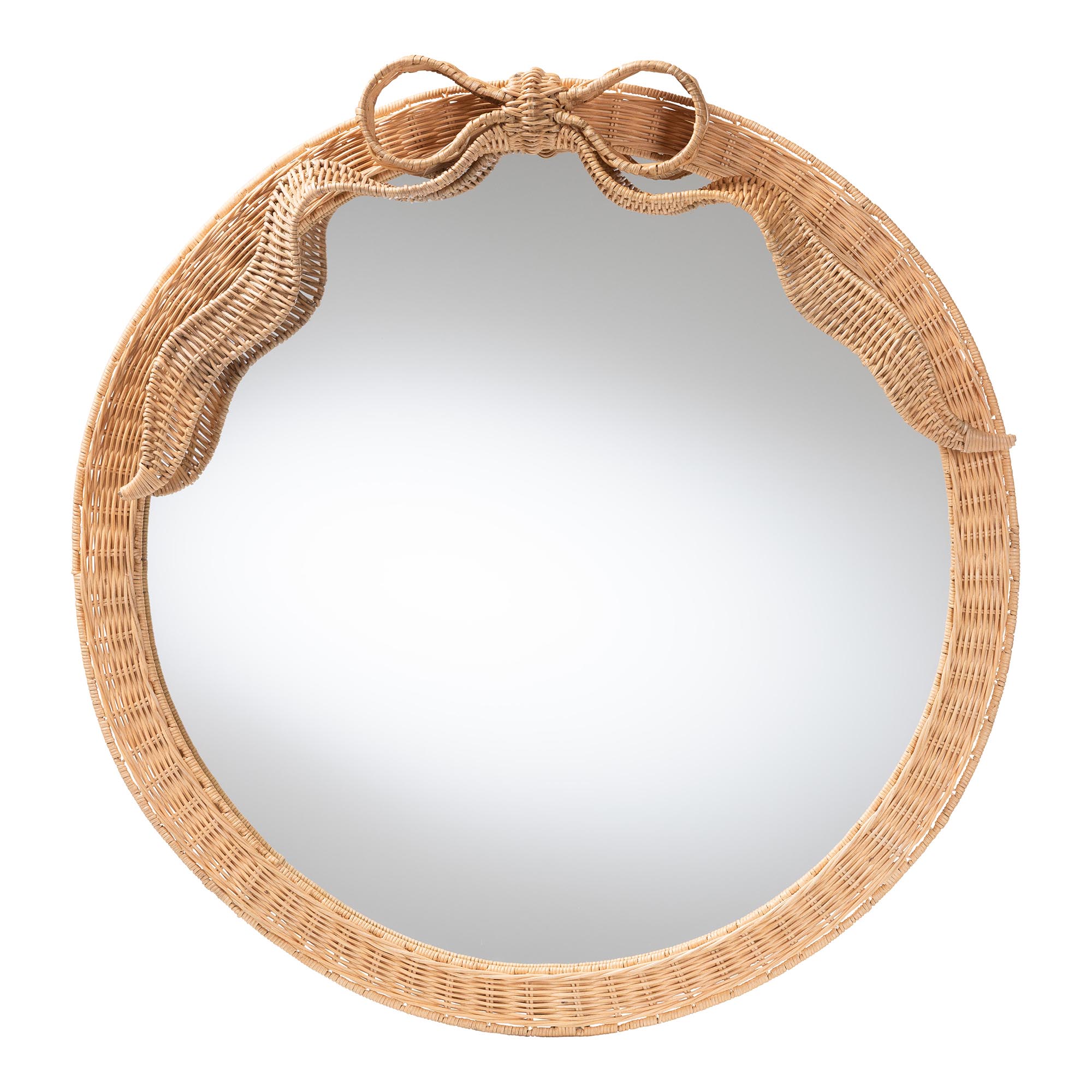 bali & pari Creusa Natural Rattan Round Wall Mirror -Handwoven Wicker Frame with Decorative Bow Accent, Coastal Boho Wall Decor for Entryway, Bedroom, or Living Room
