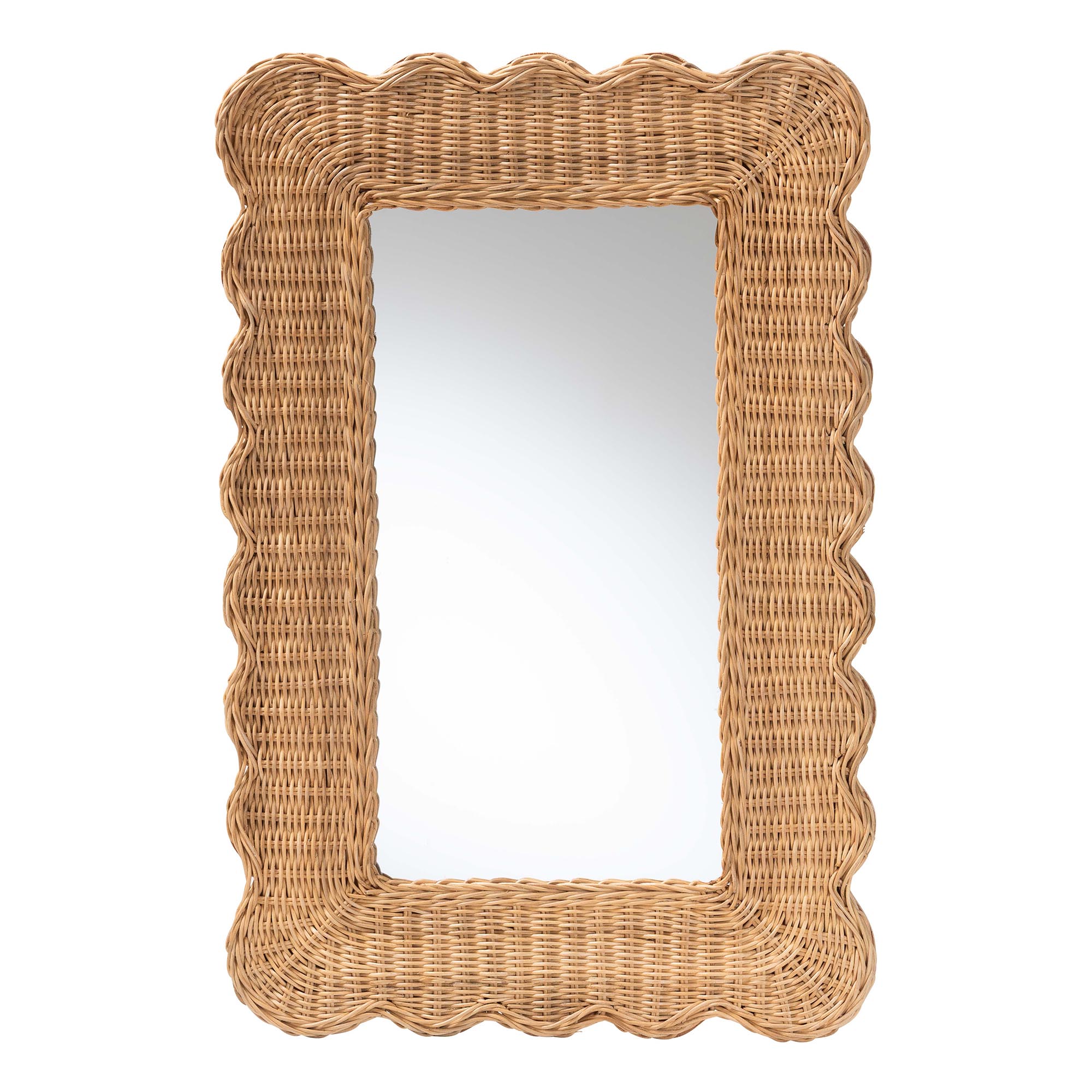 bali & pari Makoto Scalloped Natural Rattan Wall Mirror - Handwoven Wicker Rectangle Frame, Boho Coastal Accent Wall Decor for Entryway, Bedroom, or Living Room