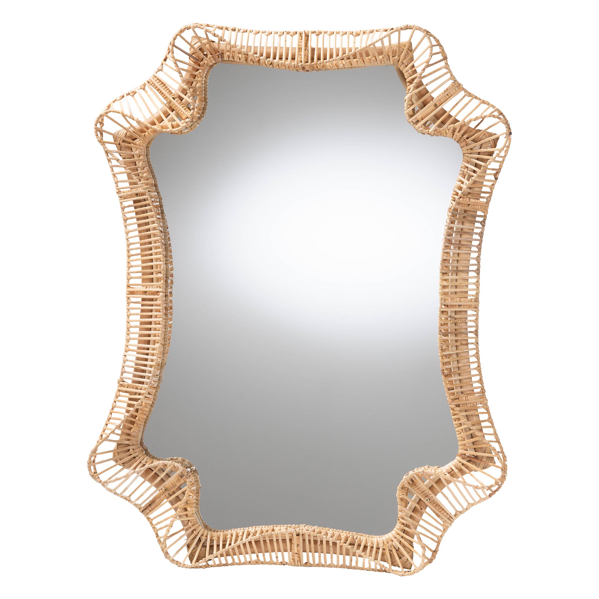 bali & pari Yusra Natural Rattan Wall Mirror - Handwoven Wicker Frame with Freeform Silhouette, Coastal Boho Wall Decor for Entryway Bedroom or Living Room