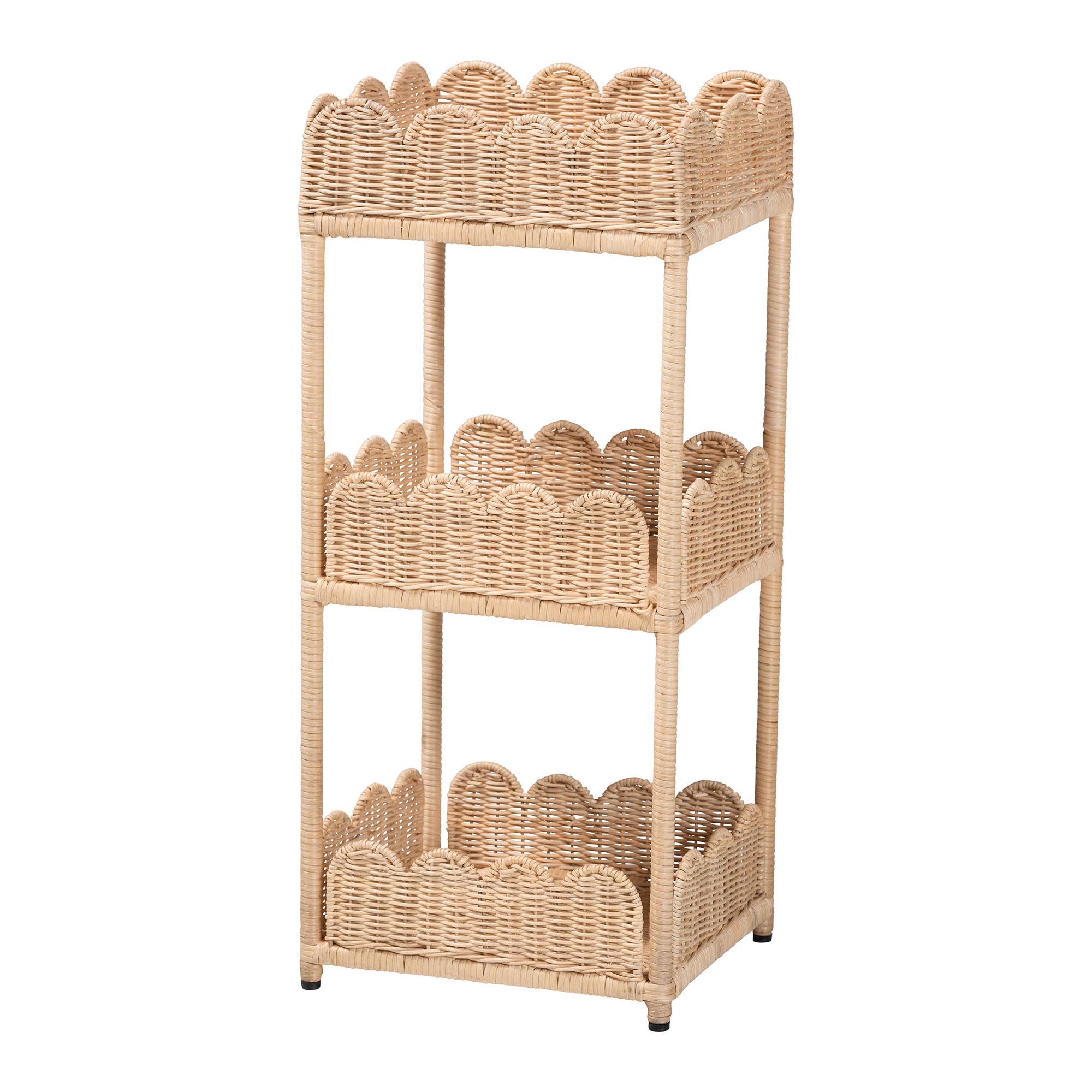 bali & pari Brooks Natural Rattan 3-Tier Storage Shelf - Handwoven Wicker Display Stand with Scalloped Borders, Coastal Boho Accent Furniture