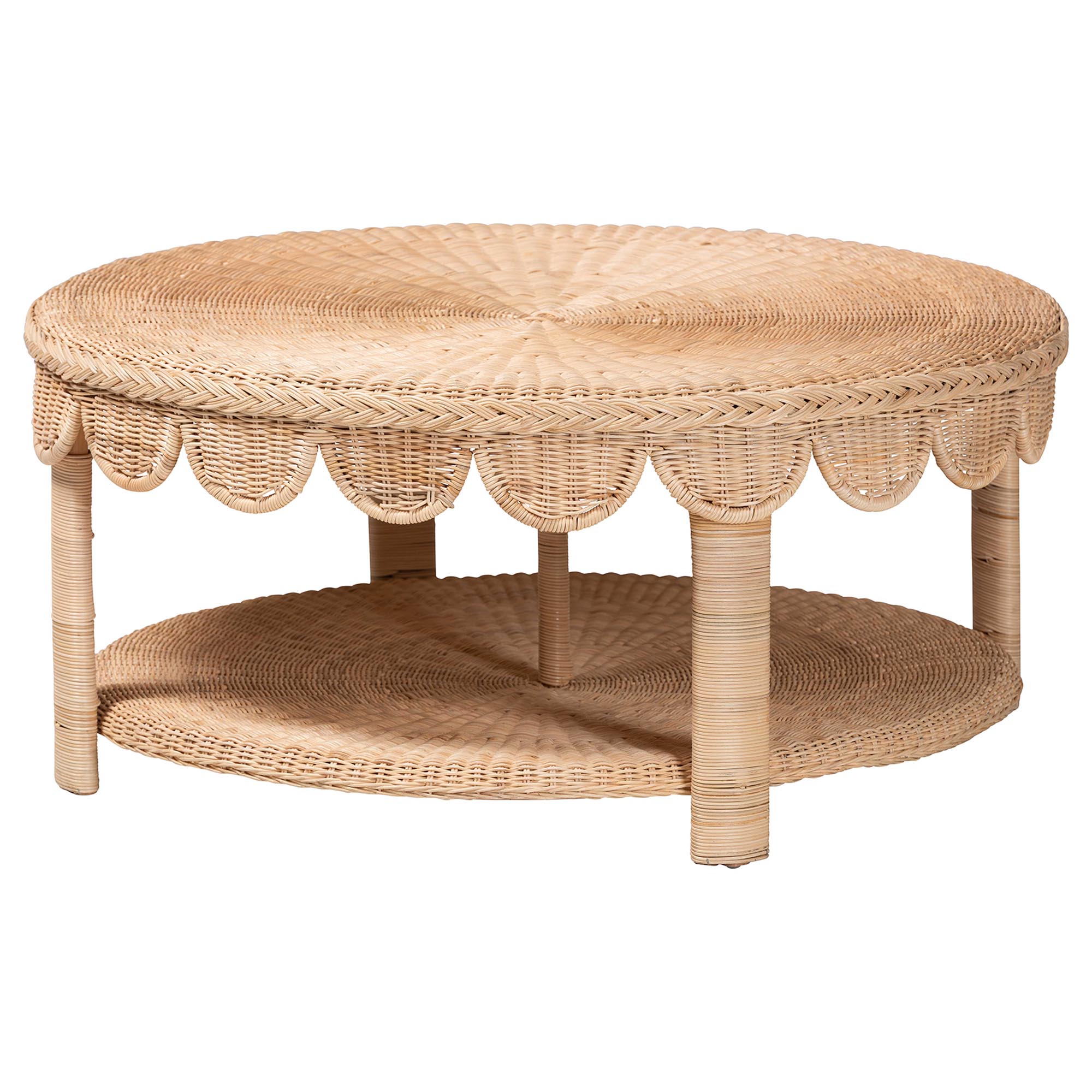 bali & pari Latoya Natural Rattan Coffee Table - Handwoven Round Wicker Table with Scalloped Apron and Lower Shelf, Coastal Boho Living Room Accent Furniture
