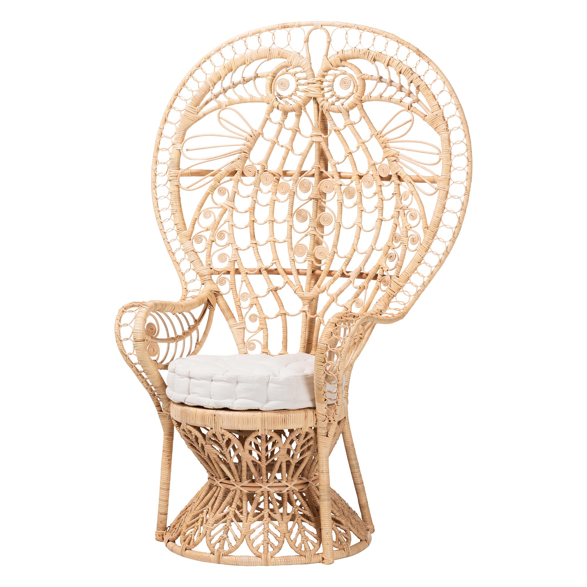 bali & pari Kimiko Natural Rattan Peacock Chair with Cushion - Handwoven Wicker Accent Chair with Fan Backrest, Boho Coastal Statement Seating for Living Room or Event