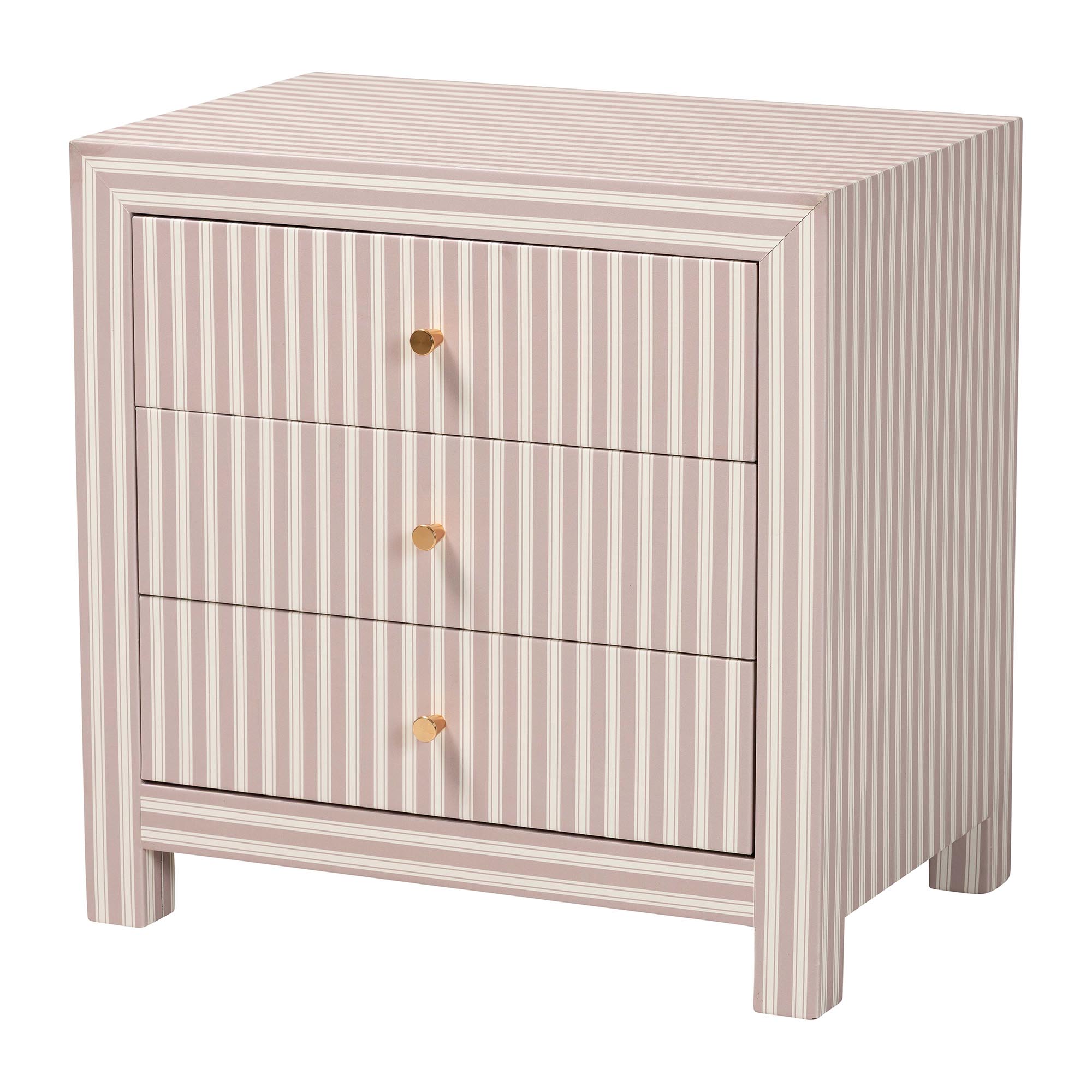 Baxton Studio Javianne End Table with Striped Faux Leather - 3-Drawer Storage Cabinet with Gold Knobs