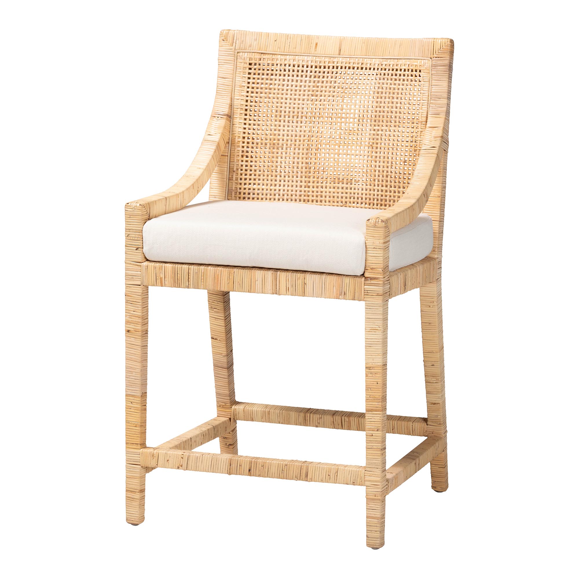 bali & pari Alexis Natural Rattan Counter Stool - Handcrafted Wingback Counter Chair with Woven Back and Removable Seat Cushion, Coastal Boho Style Seating for Kitchen Island or Dining Area