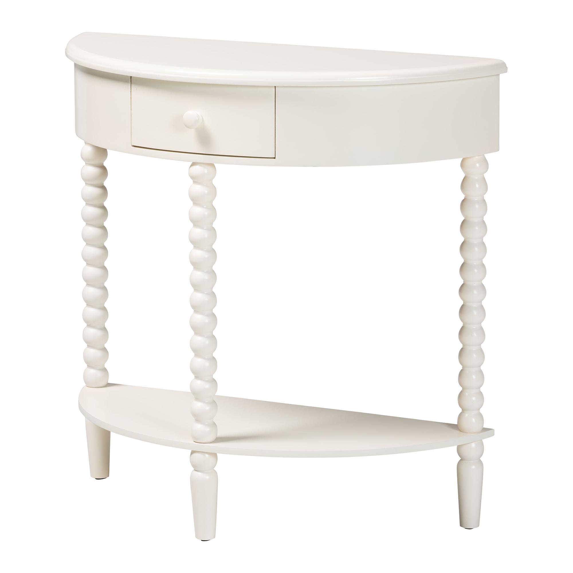 Baxton Studio Raynera Bobbin-Leg Demilune Console Table - Half-Moon Accent Table with 1 Drawer and Open Shelf, Cottage Farmhouse Entryway or Living Room Furniture