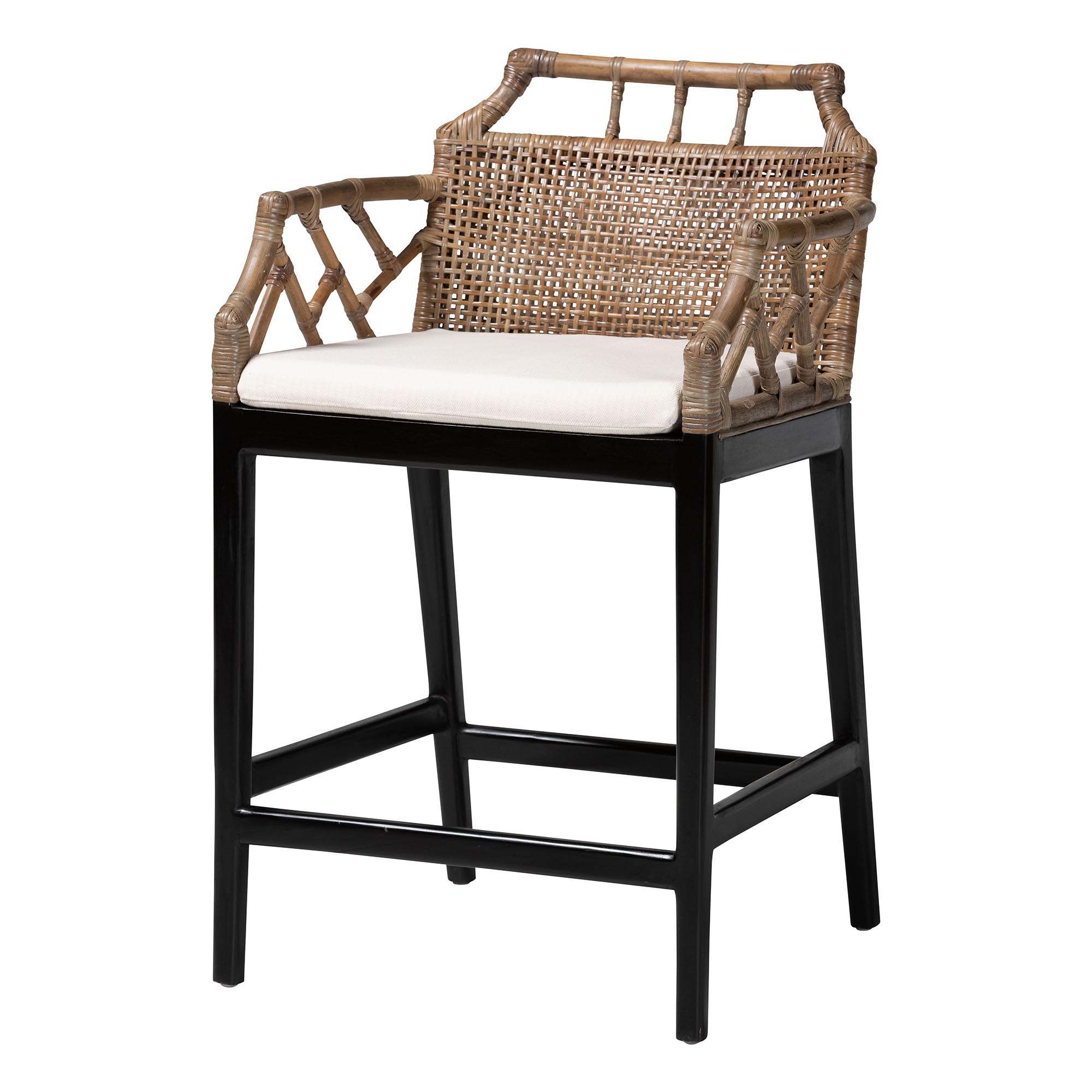 bali & pari Abiel Natural Rattan Counter Stool with Arms and Removable Cushion - Handwoven Wicker Stool with Mahogany Wood Frame, Coastal Boho Seating for Kitchen or Dining Area