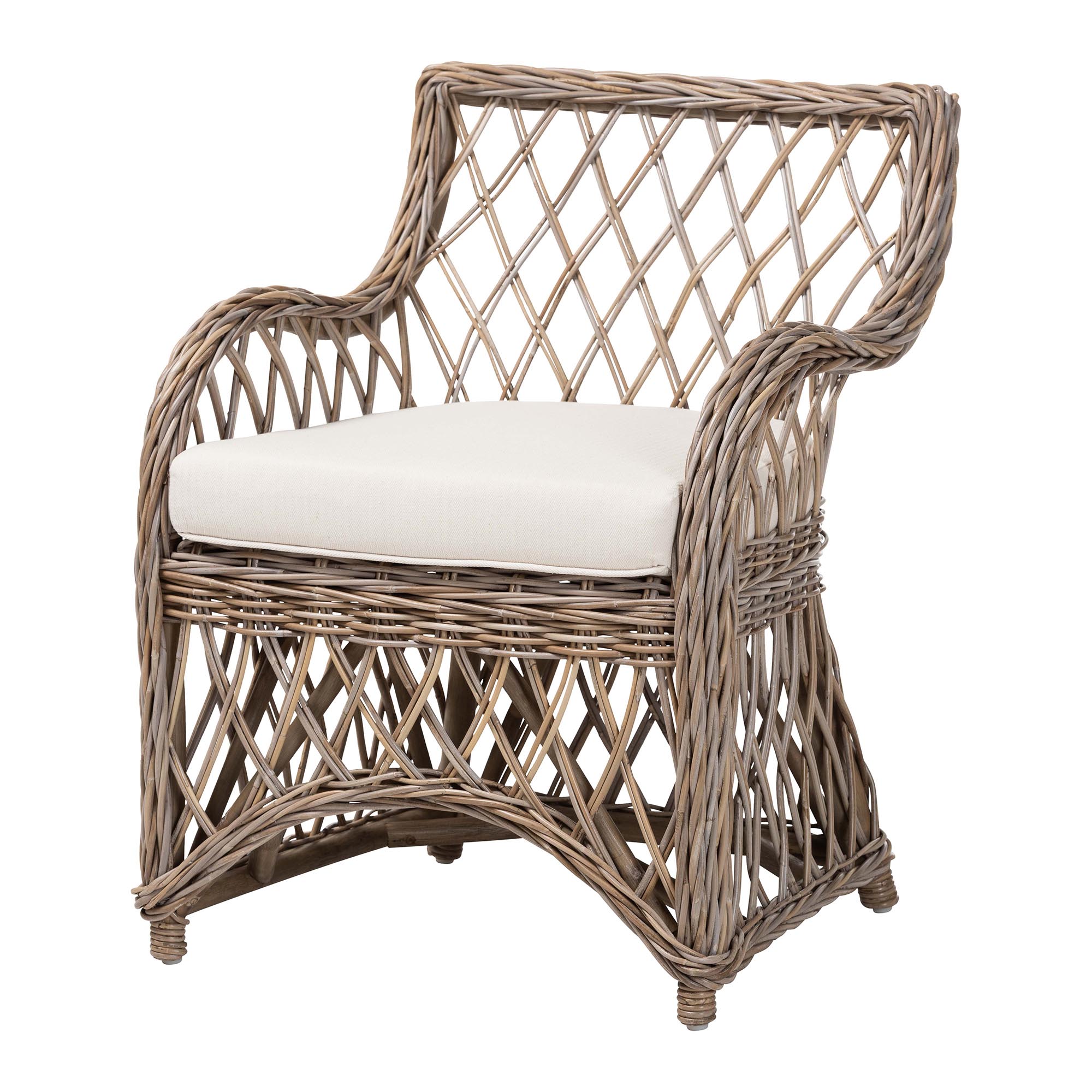 bali & pari Debra Natural Rattan Armchair - Handwoven Open-Weave Wicker Armchair with Curved Silhouette & Removable Cushion, Coastal Boho Style Seating