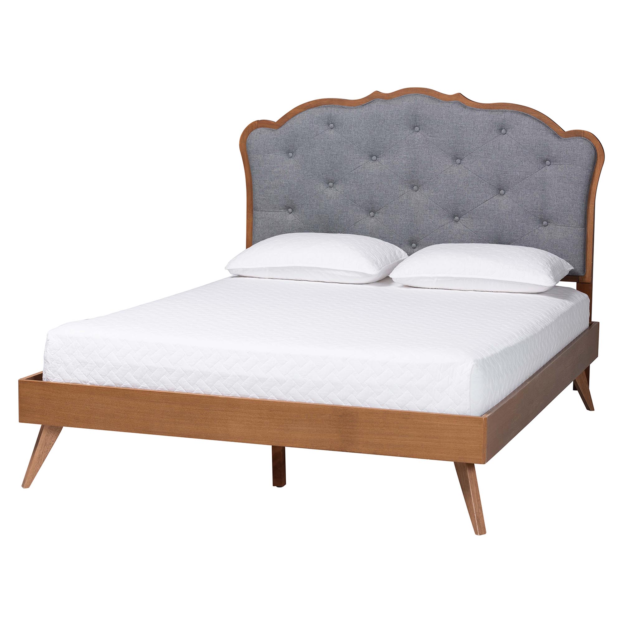 Baxton Studio Aithan Platform Bed - Mid-Century Modern Bed with Upholstered Headboard and Button Tufted Design, Queen