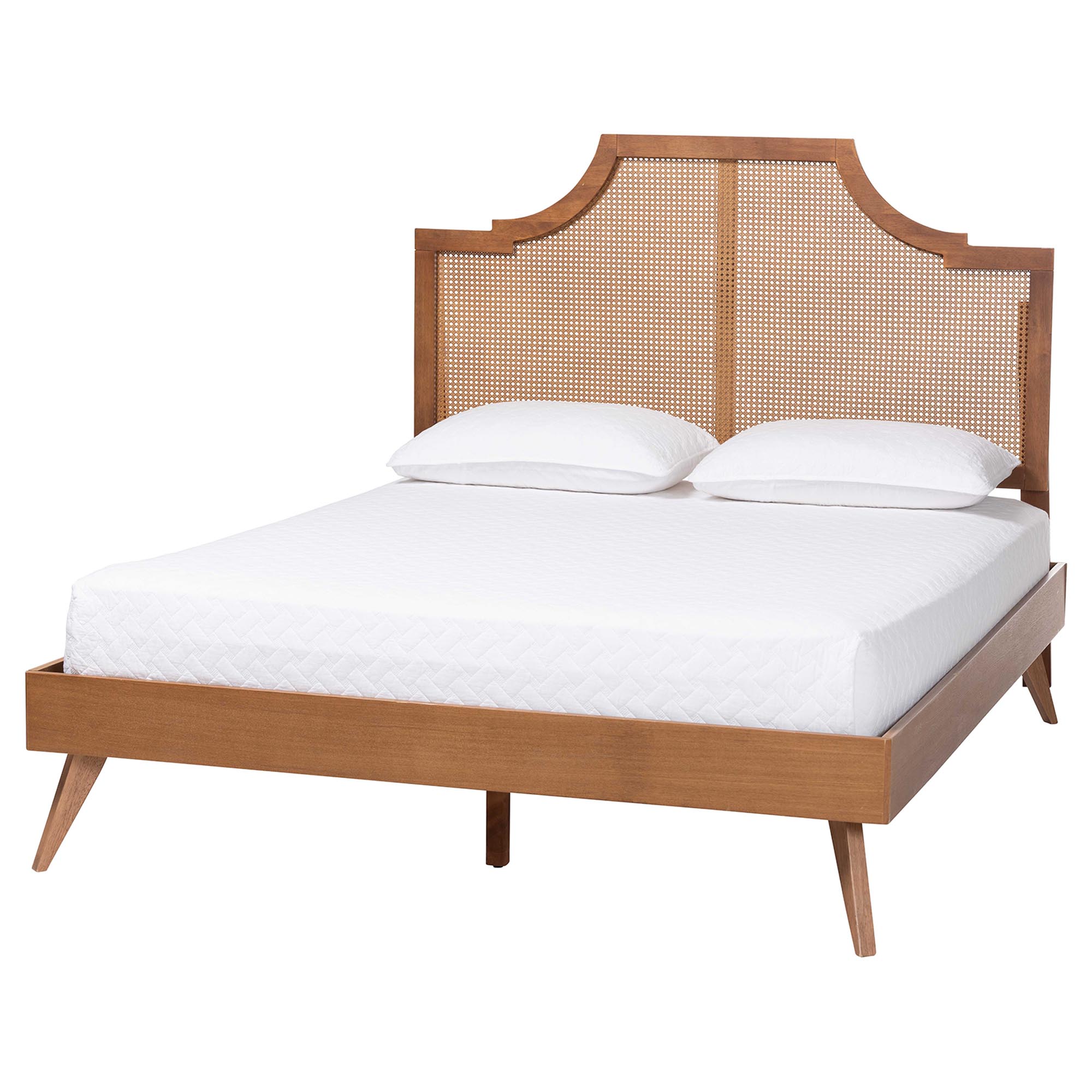 Baxton Studio Rodolfo Platform Bed - Mid-Century Modern Bed with Woven Rattan Headboard, Queen