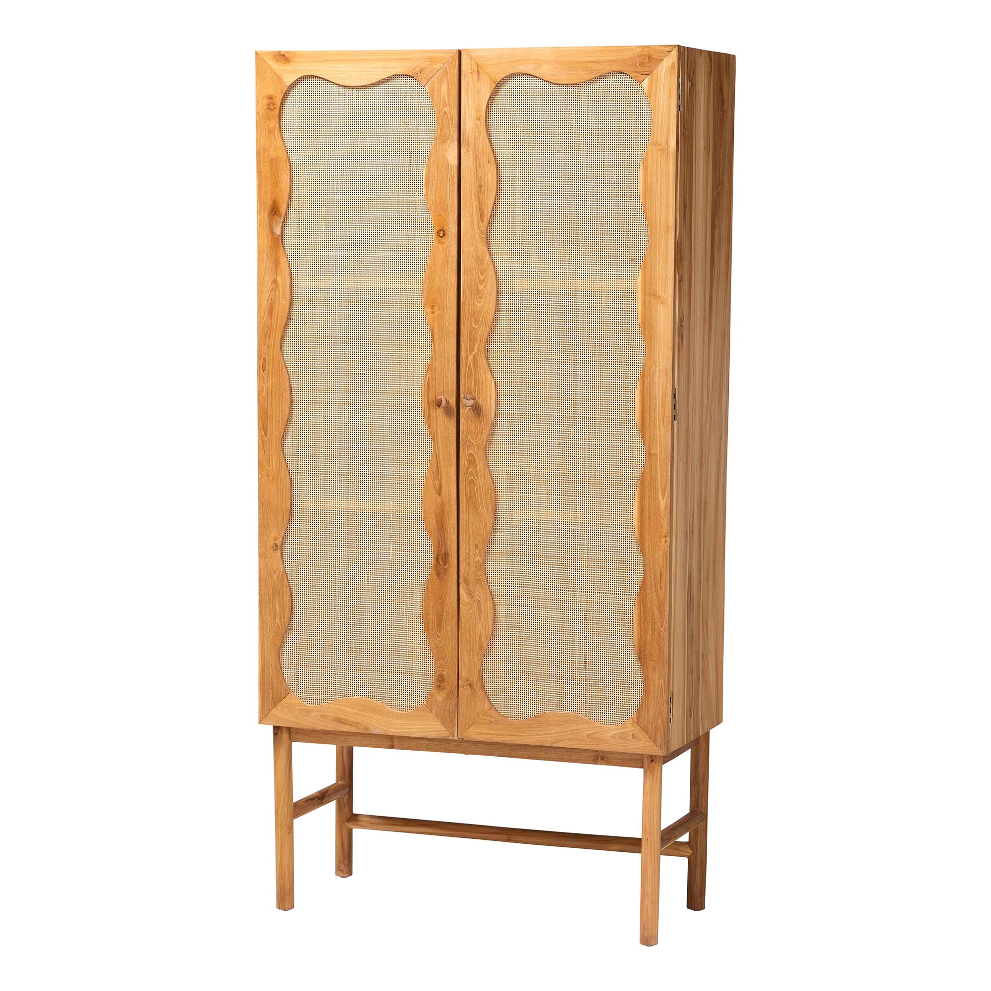 bali & pari Augusto Teak Wood Cabinet - 2-Door Storage Organizer with Woven Rattan, Modern Tropical Accent for Living Room or Bedroom