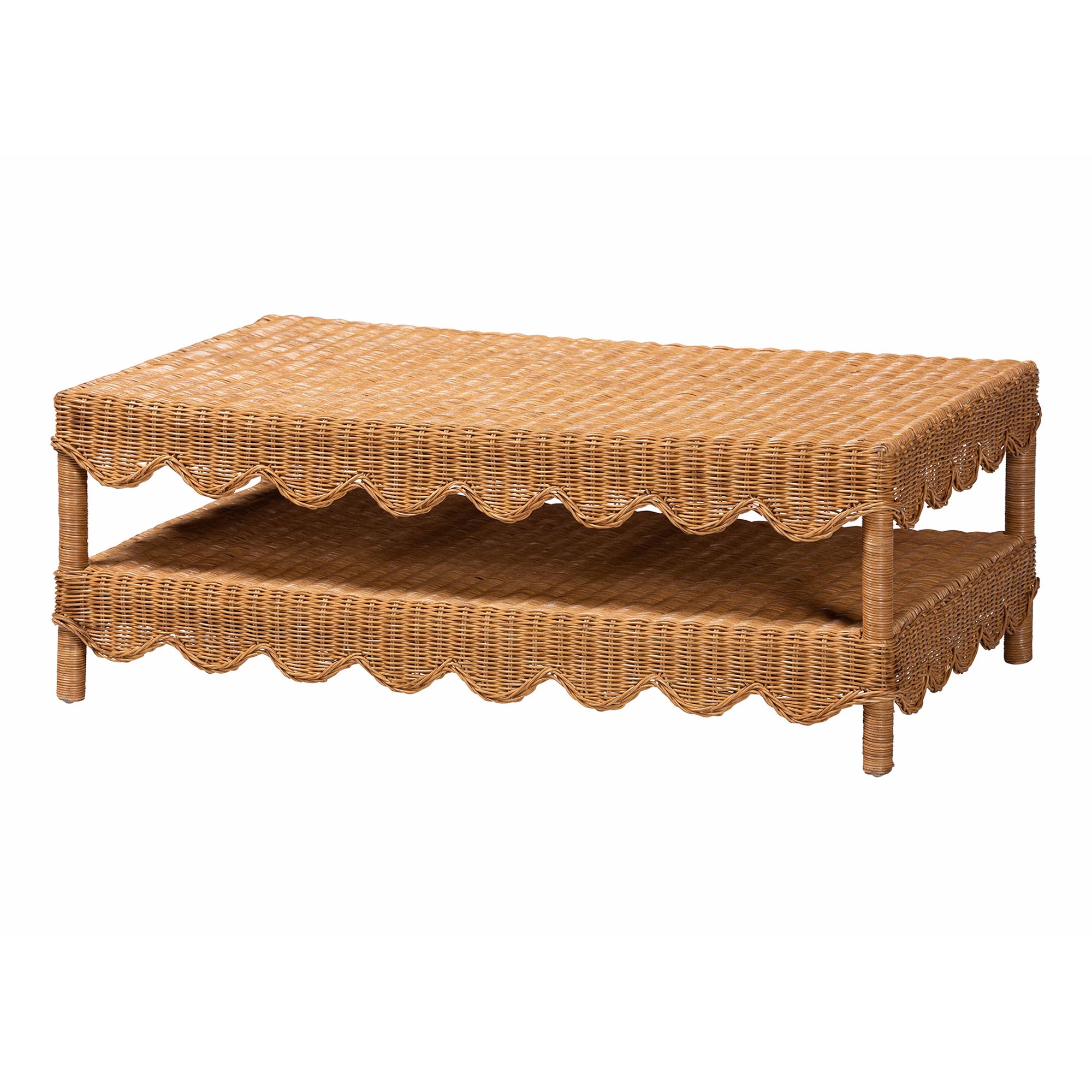 bali & pari Oteria Natural Rattan Coffee Table - Handwoven Wicker Cocktail Table with Scalloped Detailing and Open Shelf, Coastal Boho Living Room Accent