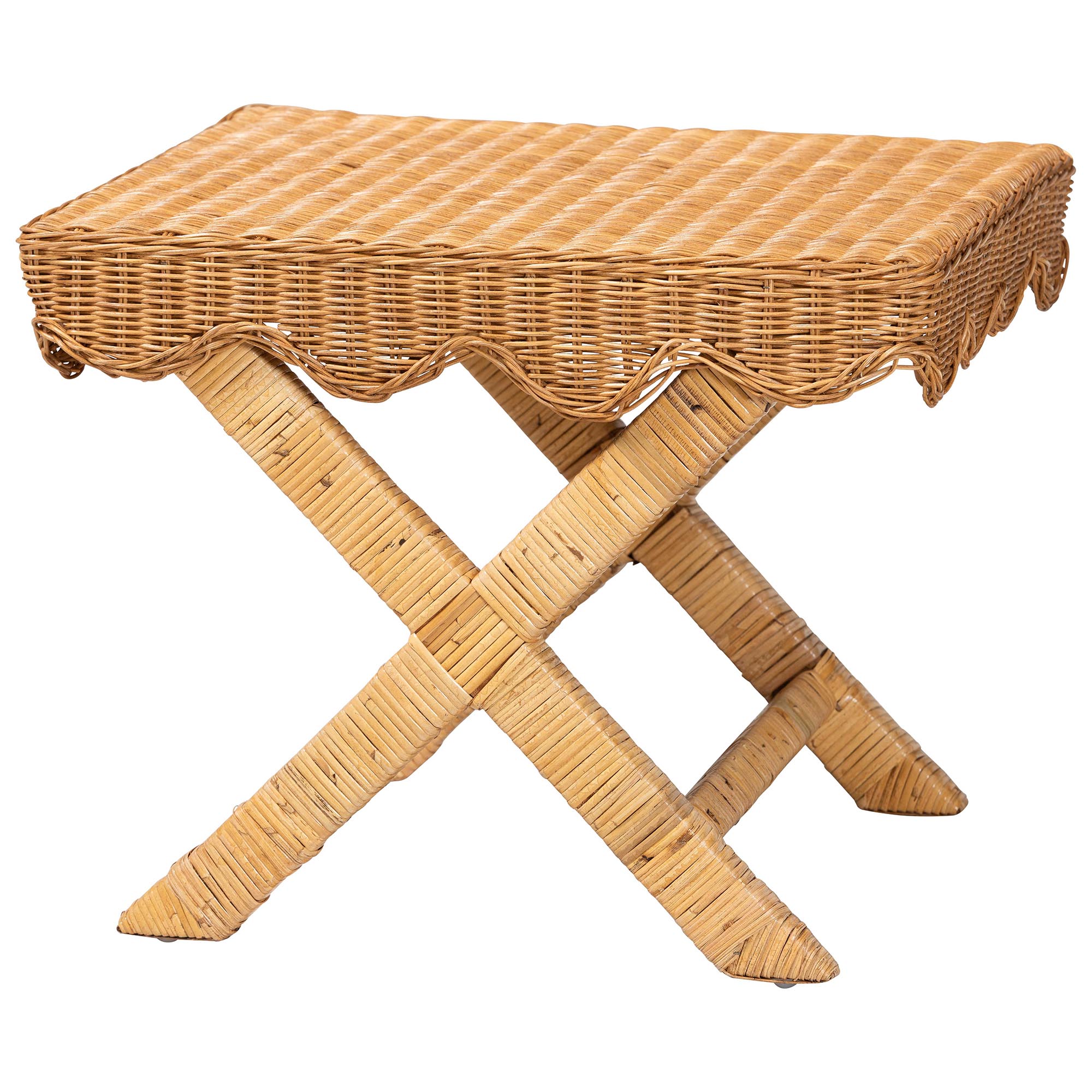 bali & pari Modesta Natural Rattan Accent Bench - Handwoven Wicker Seating with Scalloped Apron and X-Frame Base, Coastal Boho Entryway or Bedroom Seating